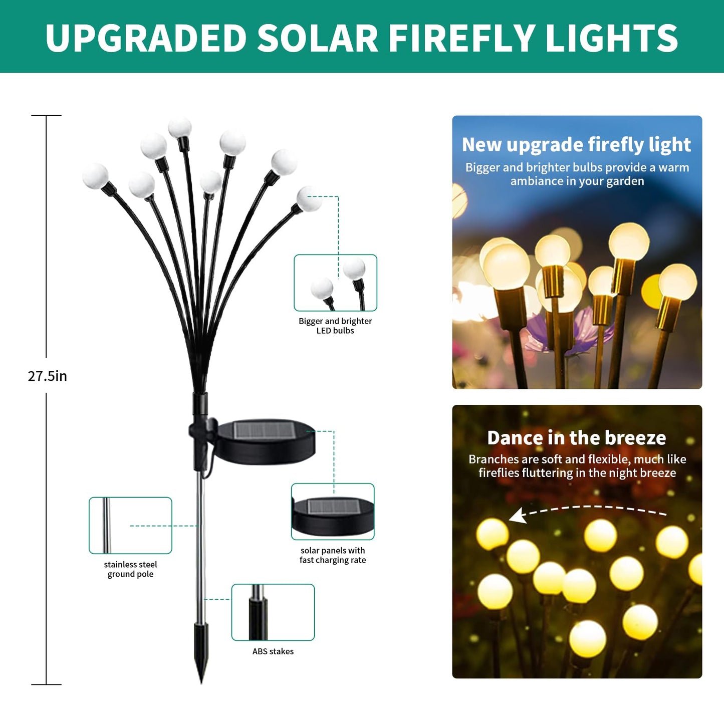 CALFVIC 8 Pack 64 LED Solar Garden Lights - Plastic Swaying Design for Brighter Glow, Solar-Powered & Waterproof, Easy Setup with Two Modes, Perfect for Yard/Garden - Warm White