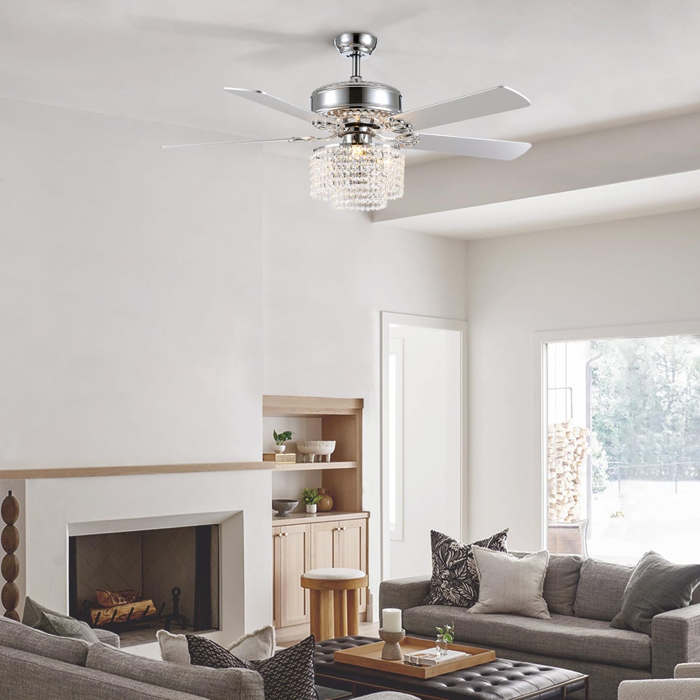 CROSSIO 52 Inch Crystal Ceiling Fan with Light and Remote Control, Modern Chandelier Fan with 5 Reversible Wood Blades Chrome Fandelier for Living Room Bedroom (Fine line Crystal-Ceiling Fan)