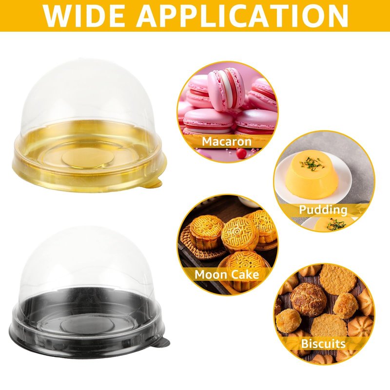 WOPPLXY 200 Pcs Mini Cake Containers, Clear Plastic Cupcakes Containers Muffin Mooncake Holder, Mini Cupcake Boxes with Dome Lid for Cheese Pastry Dessert Mooncake (100 Gold,100 Black)