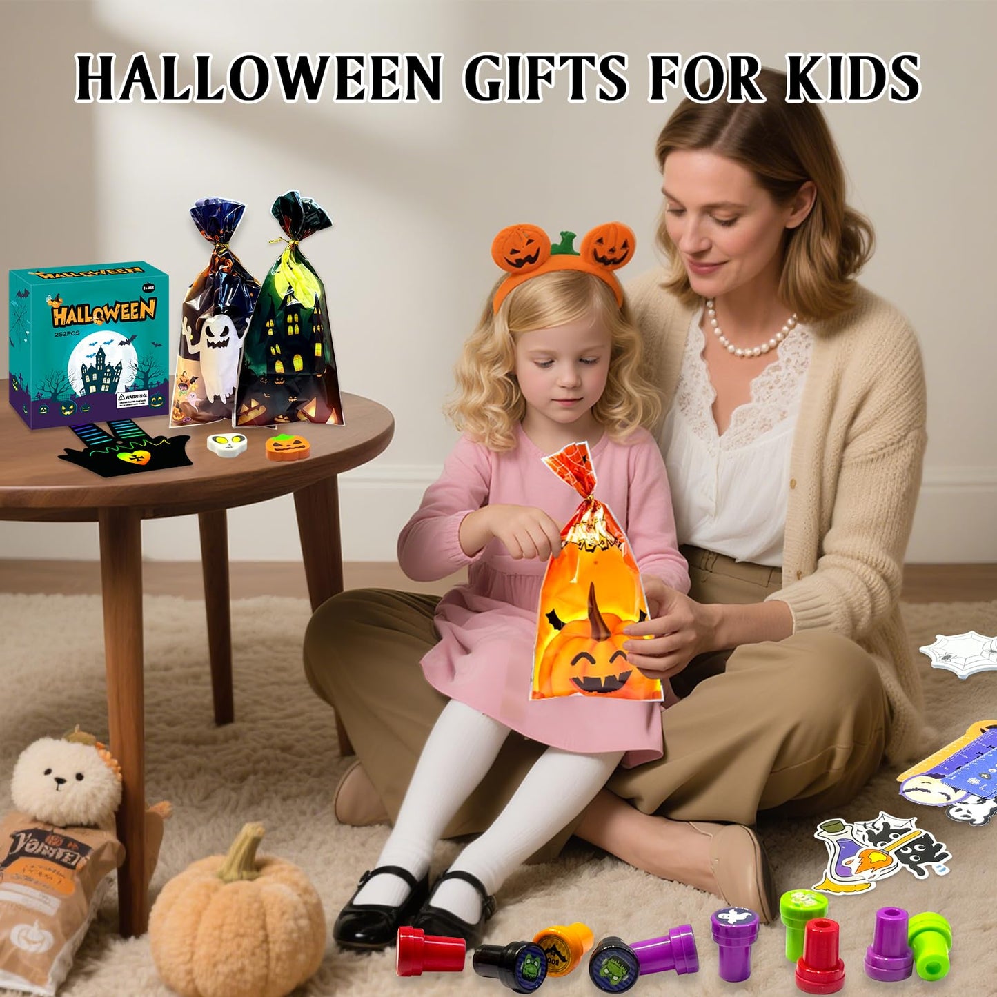 252Pcs Halloween Party Favors for Kids Bulk Stationery Set, 24 Pack Halloween Goodie Bags Stuffers Treat Bag Fillers, Classroom Prizes Non Candy Trick or Treat Toys for School Student Gifts Bags