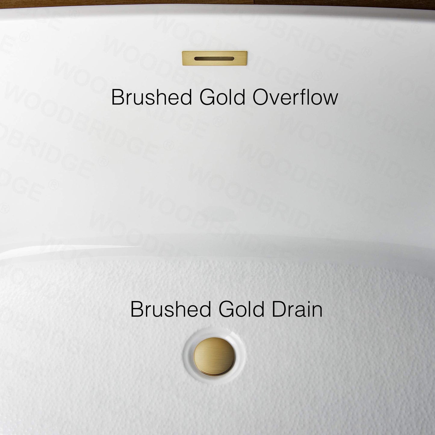 WOODBRIDGE 59" Acrylic Freestanding Bathtub Contemporary Soaking White Tub with Brushed Gold Overflow and Drain,B0085-BG-Drain&O