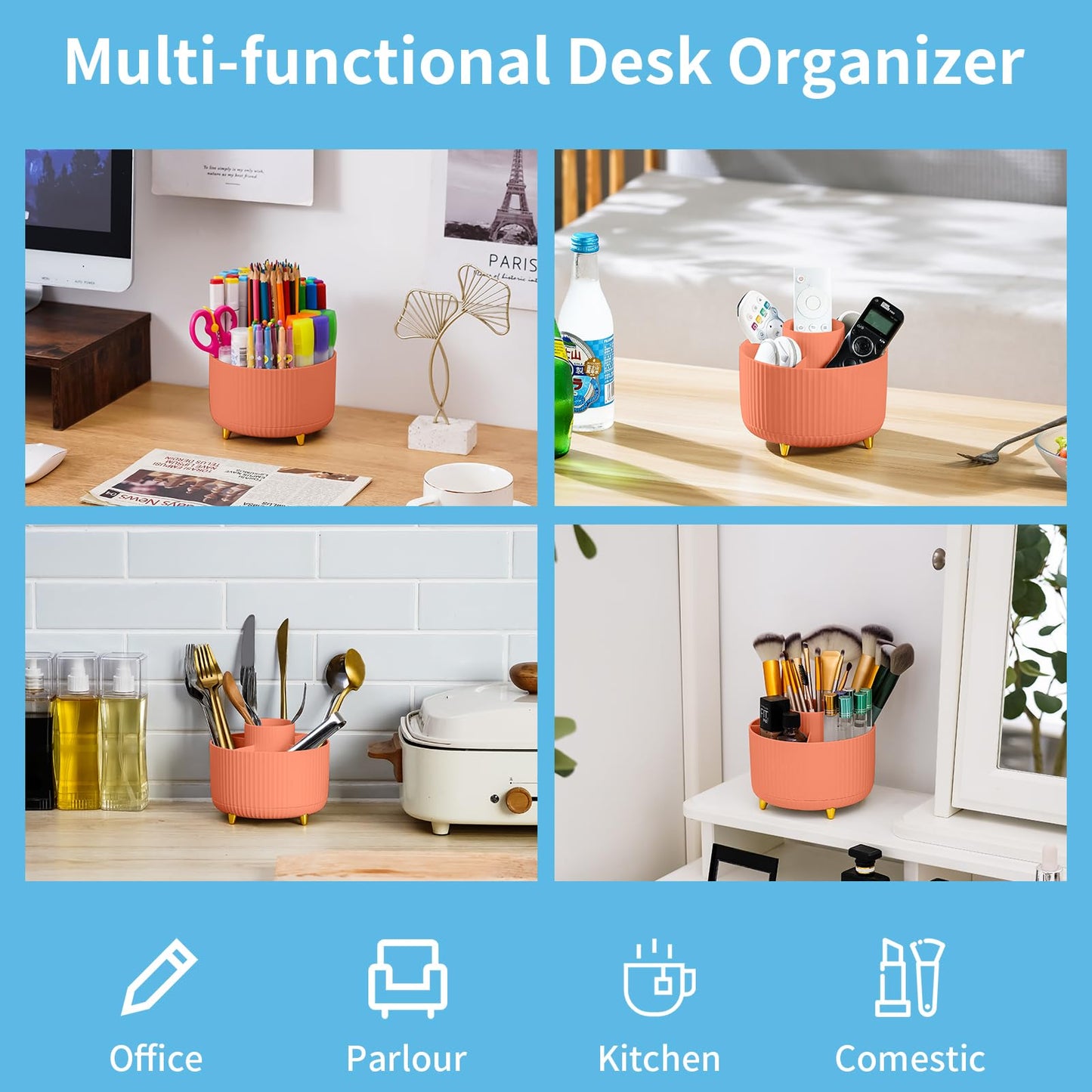 Marbrasse Desk Organizer, 360-Degree Rotating Pen Holder, Desk Organizers and Accessories with 5 Compartments Pencil Holder, Art Supply Storage Box Caddy for Office, Home(Orange)