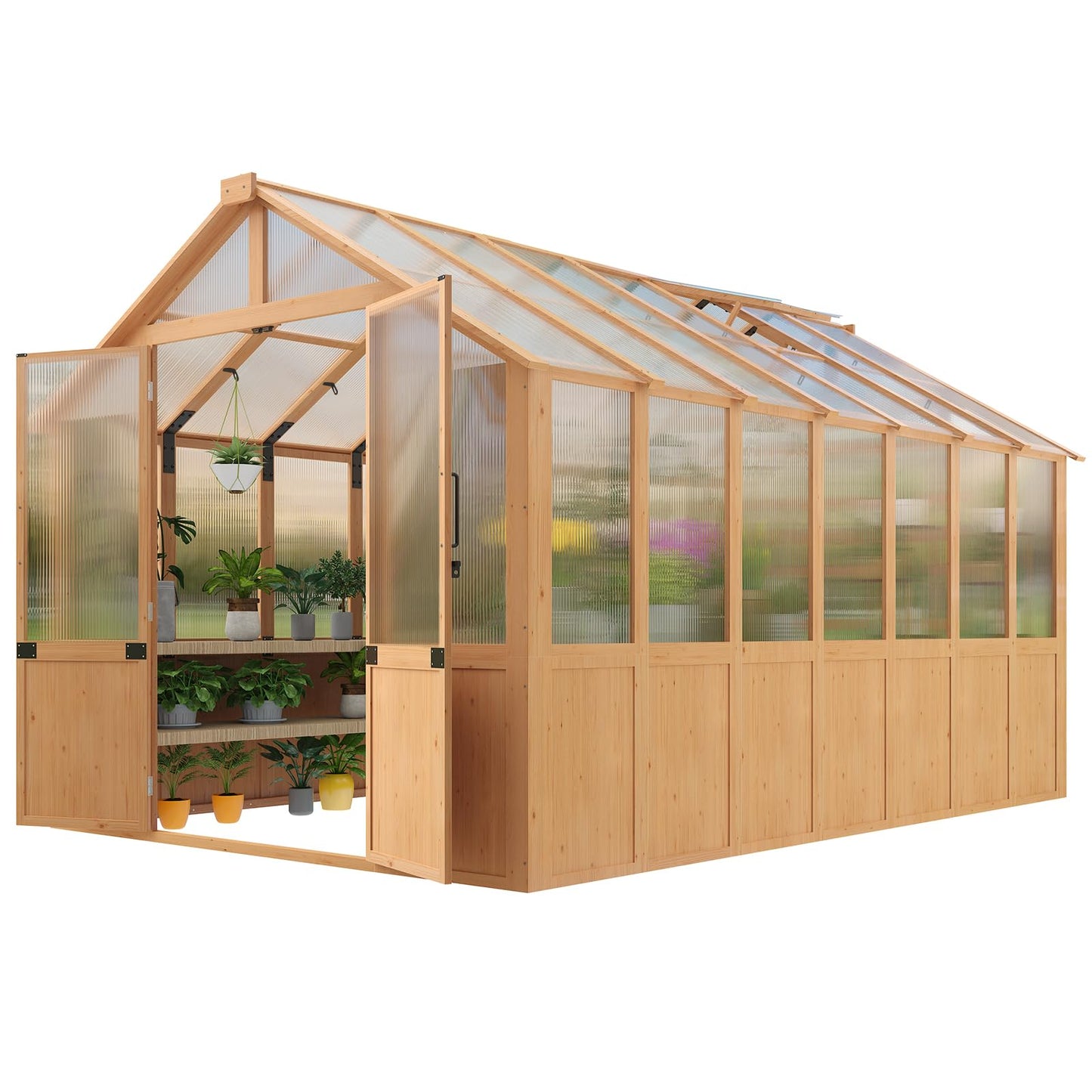 EROMMY 8x12 FT Wooden Greenhouse for Outdoors, Large Walk-in Greenhouse Kit with 4mm Polycarbonate Panels, Adjustable Roof Vent, Lockable Door, Outdoor Greenhouse for Backyard Garden