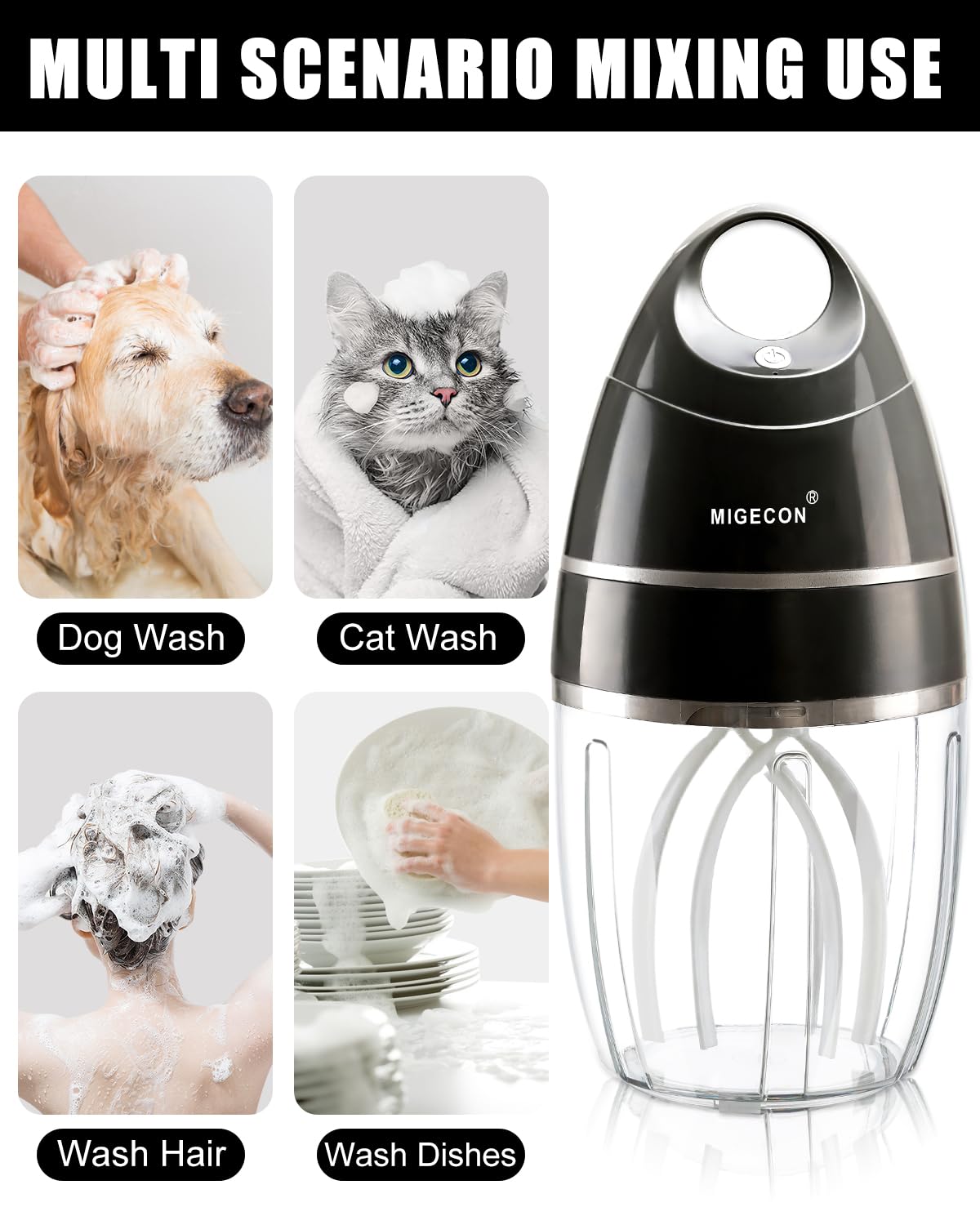 MIGECON Stand Mixer, Small Kitchen Electric Food Mixer, Portable Milk Frother, Rechargeable Household Mixer Beater for Shampoo and Pet Foam Whipper, One-Click Operation, Dark Gery