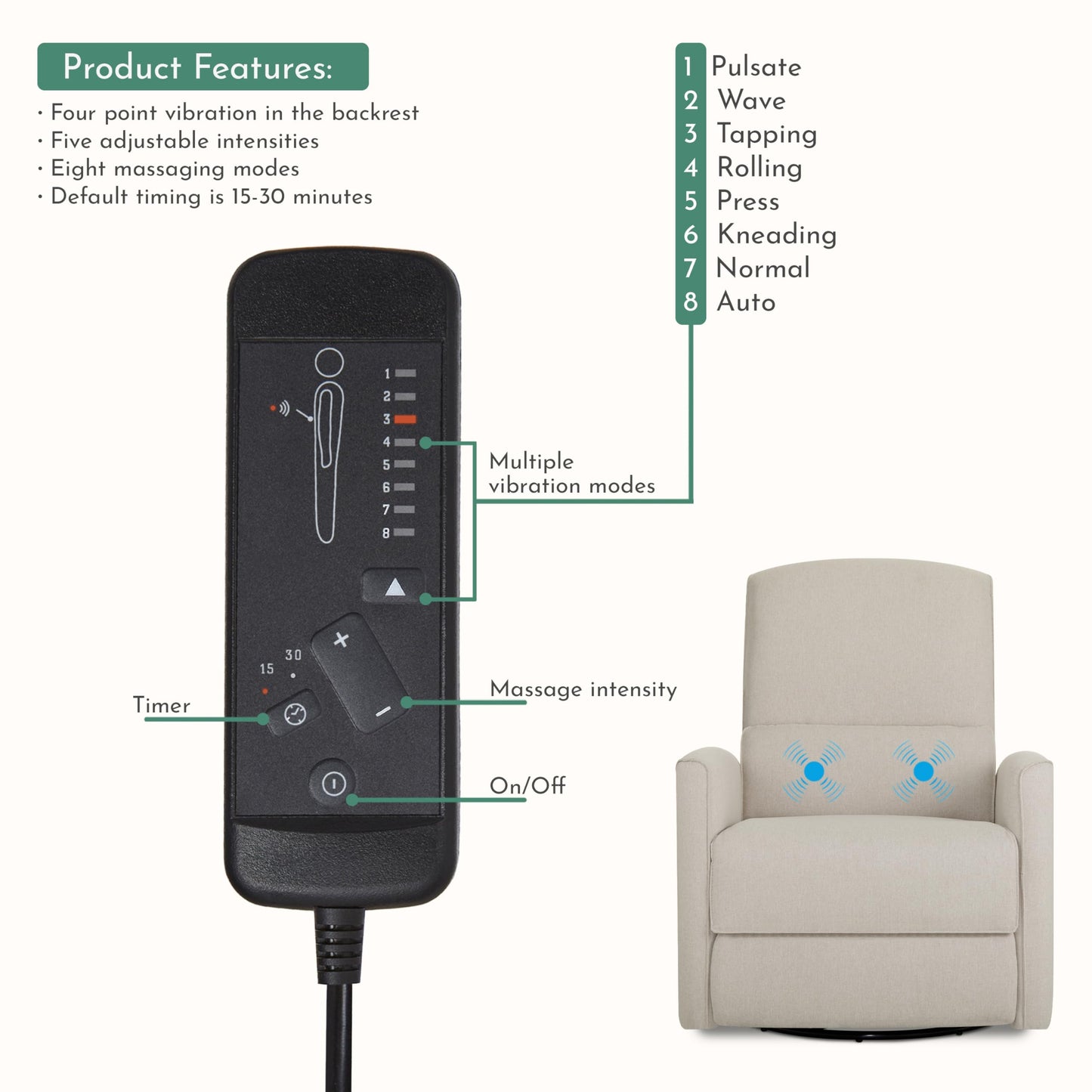 Evolur Belmont Nursery Glider Chair with Massager in Light Sand, Power Recliner with 275° Swivel, Lumbar Support Modern Rocking Chair for Baby Room, Nursery & Living Room