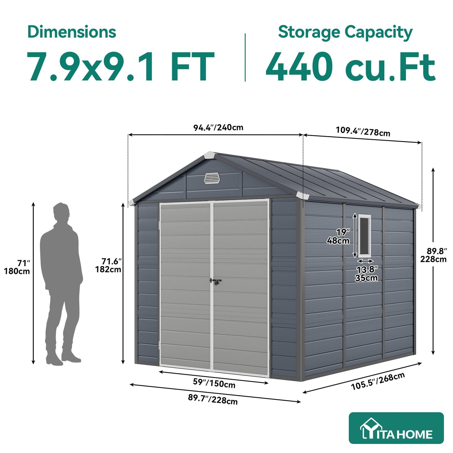 YITAHOME 8x9 FT Outdoor Storage Shed w/o Floor, All-Weather Plastic Shed with Lockable Doors, Window & Vents, Plastic Tool Shed for Backyard, Patio, Poolside, Lawn, Gray