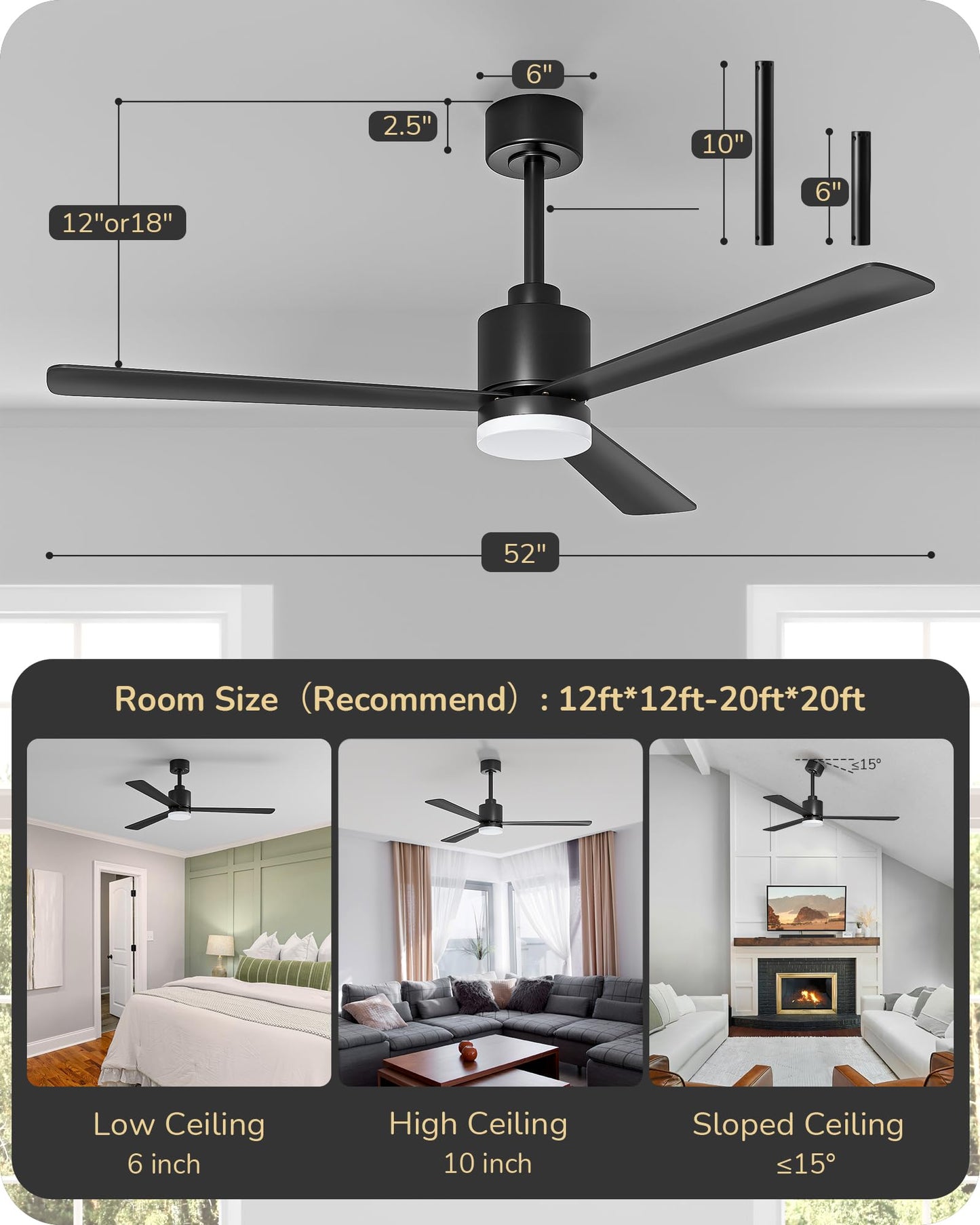 EDISHINE 52" Modern Matte Black Ceiling Fans with Lights, Noiseless, Remote Control, 3CCT Dimmable, Reversible DC Motor, 6 Speeds, Indoor Ceiling Fan for Bedroom, Living Room, Home Office