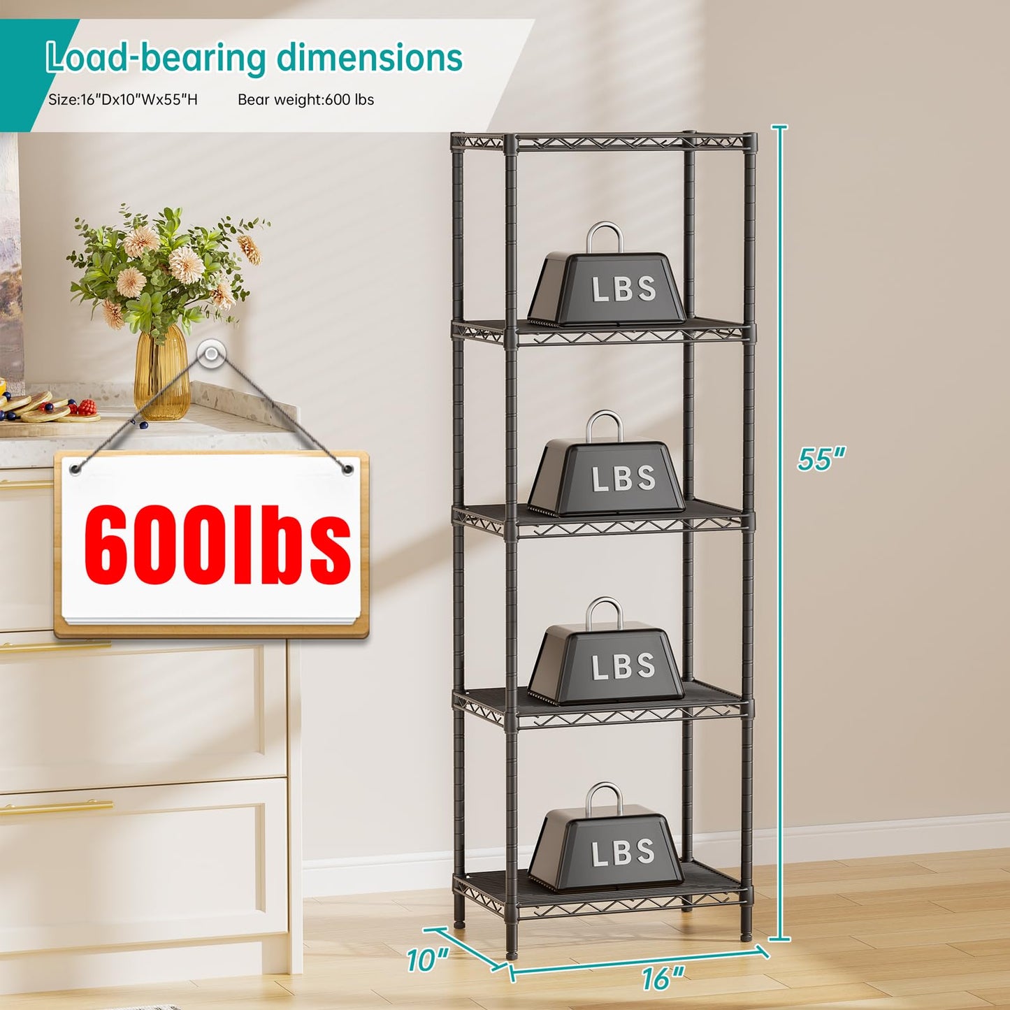 SINGAYE Metal Shelves Wire Shelving:Storage Rack Standing Units Shelf for Kitchen Laundry Bathroom Closet Organizers Pantry Narrow Mesh Adjustable 10" D x 16" W x 55" H Black