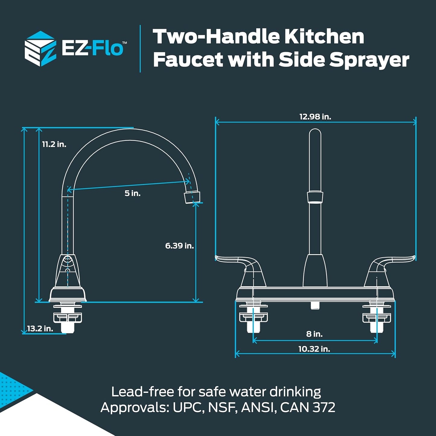 EZ-FLO Two-Handle High-Rise Kitchen Faucet with Sidespray, Stainless Steel, EZ-10203
