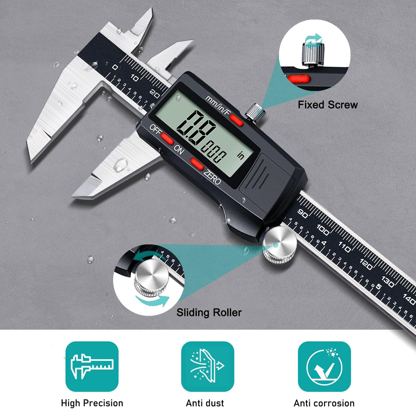 Kynup Digital Vernier Caliper, Caliper Measuring Tool, Outside Micrometer Dial Caliper with Stainless Steel, Large LCD Screen, Auto - Off Feature, Inch Metric Fraction Conversion (6Inch/150mm)