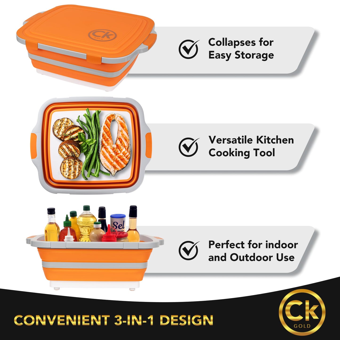 CK GOLD Collapsible BBQ Prep Tub XL with Locking Lid & Drain Hole | Meat Marinating Container with Cutting Board | BPA-Free Food-Grade Prep Tubs for Grilling, Camping & Outdoor Cooking (Orange, 16 L)