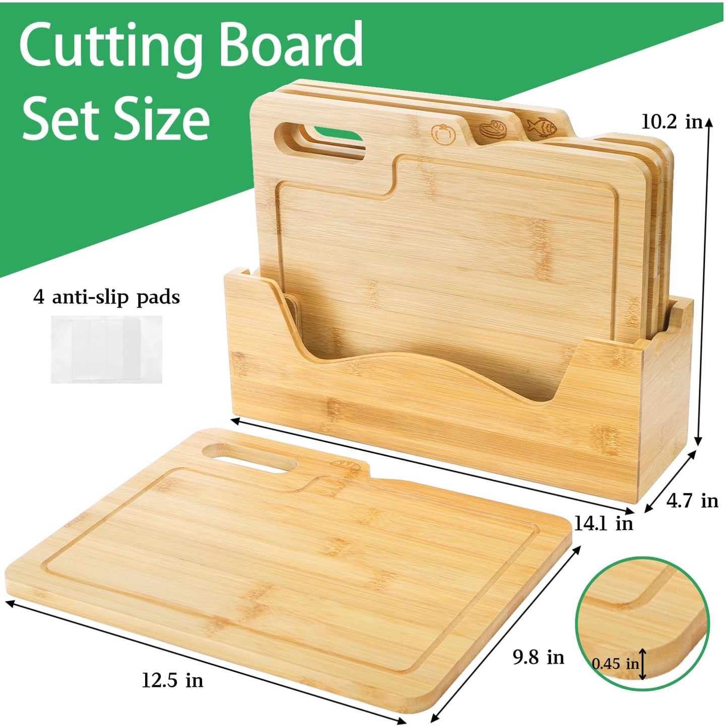 ZENFUN 4 Pack 12.5"L x 9.8"W Bamboo Cutting Boards with Holder, Wood Cutting Board Set, Chopping Boards Set with Food Icons, Kitchen Cutting Board Ideal for Meat, Fish, Bread, Vegetable, Fruit