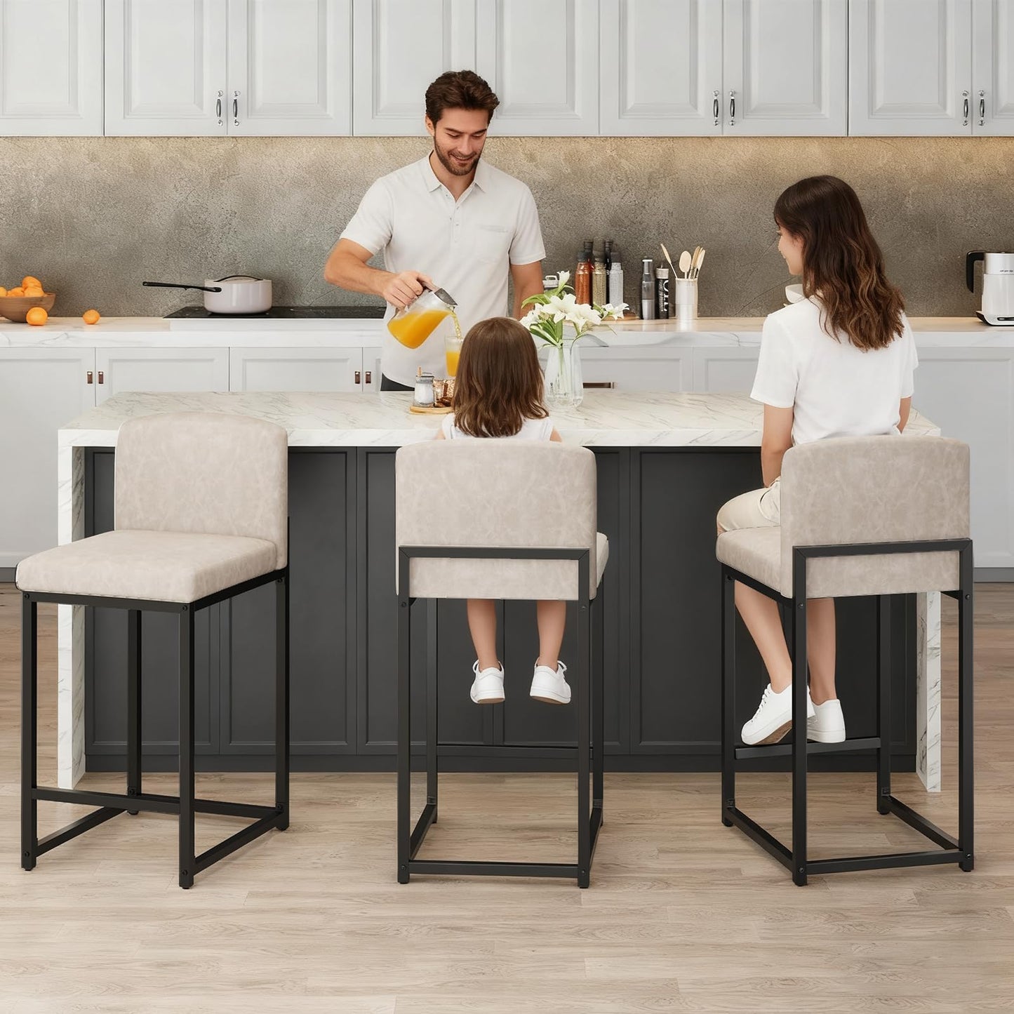 GarveeHome Bar Stools Set of 6, Modern Counter Height Bar Stools with Back and Footrest, Faux Leather Upholstered Barstools Chairs for Kitchen Island Dining Room Bar, Beige