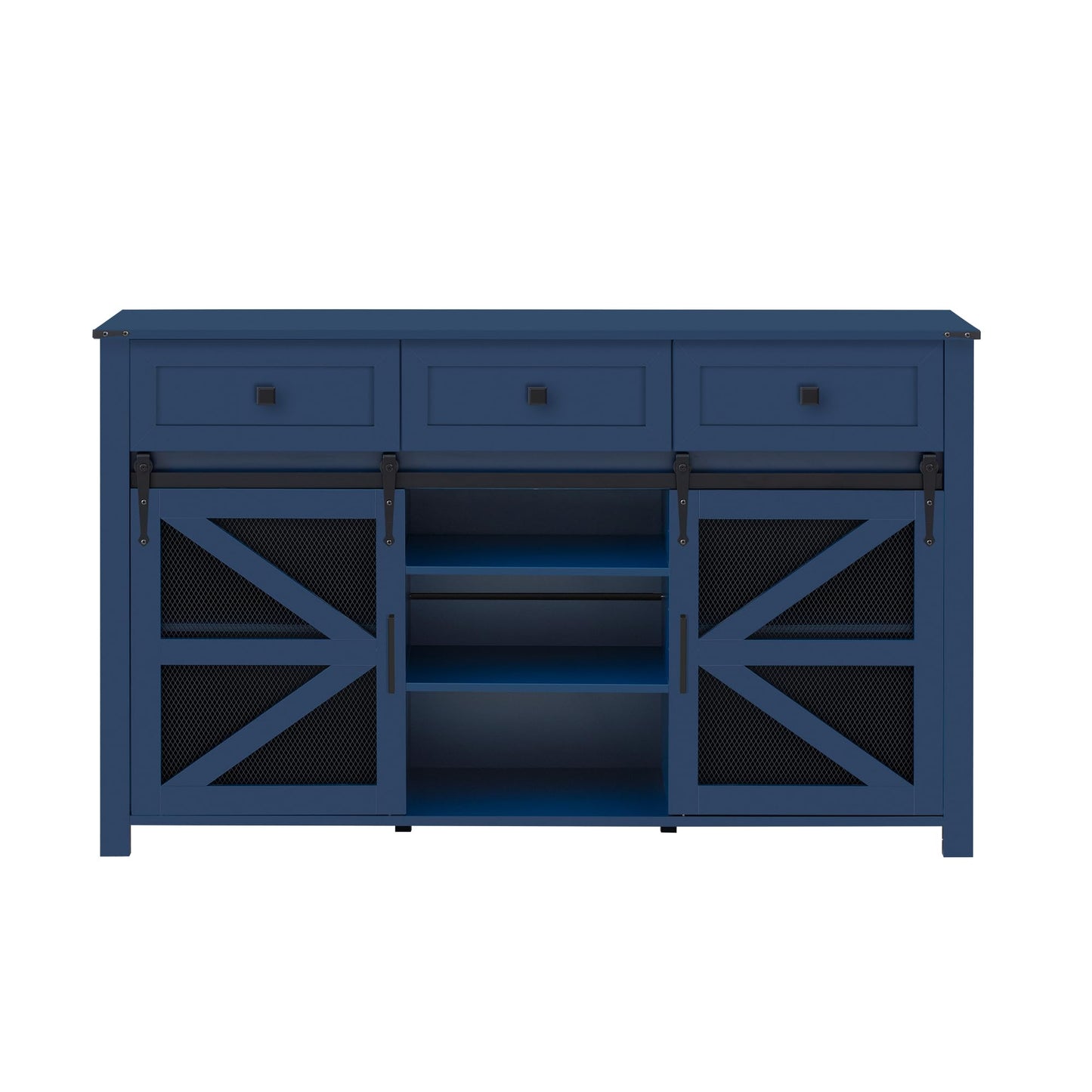 GDFStudio 55" Farmhouse Buffet Cabinet with Sliding Barn Mesh Doors & 3 Drawers, Sideboard Storage Cabinet with Adjustable Shelves, Coffee Bar Cabinet Credenza for Dining Room Living Room, Navy Blue