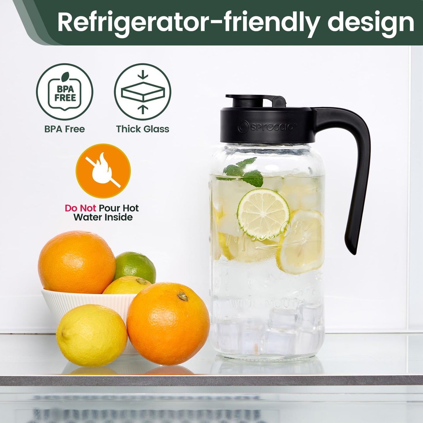 Spreccio Mason Jar Pitcher - Airtight & Leakproof Glass Pitcher with Lid, Perfect for Breastmilk, Cold Brew, and Sun Tea, 2 Quart (64 oz) 1/2 Gallon Mason Jar with Pour Spout Lid