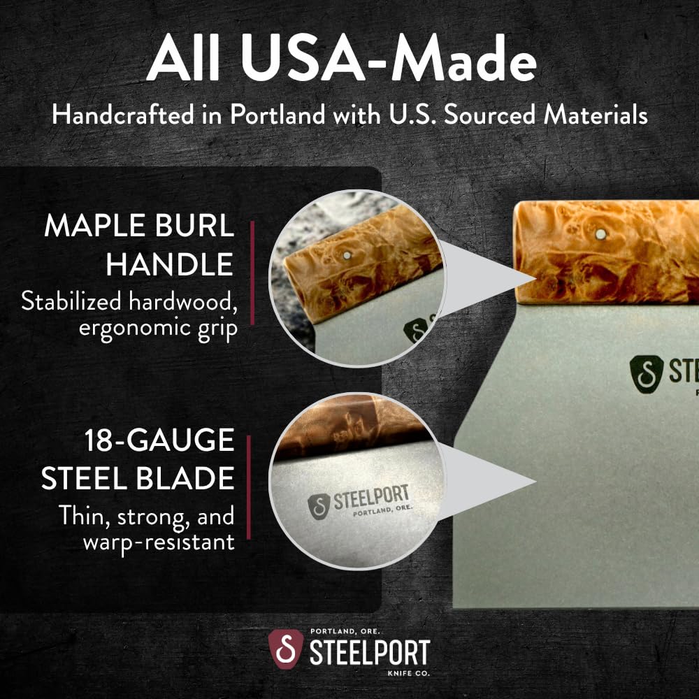 Steelport Bench Scraper | USA Made Dual Edge Stainless Steel Dough Cutter | 18-Gauge Steel Blade, Tapered Maple Burl Handle | Kitchen Gadgets for Bakers, Professionals, Home Cooks | Gift for Bakers