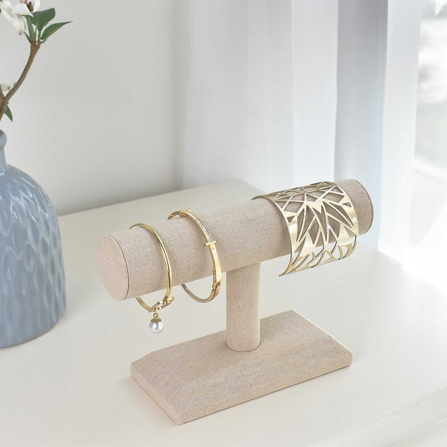 MOOCA Linen Covered Wood Jewelry Display, Jewelry Stand, Bracelet Holder Display, Watch Stand, Bracelet Stand, Tan Linen