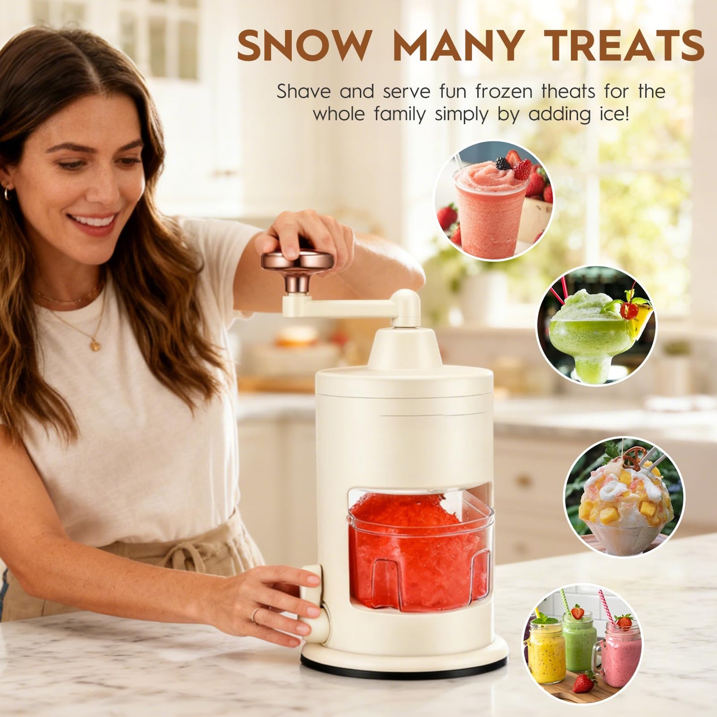 Manual Ice Shaver Hand Crank Ice Crusher - Dual Base (Vacuum Suction & Non-Slip Ring), Food Grade Snow Cone Maker (Vacuum suction cup)