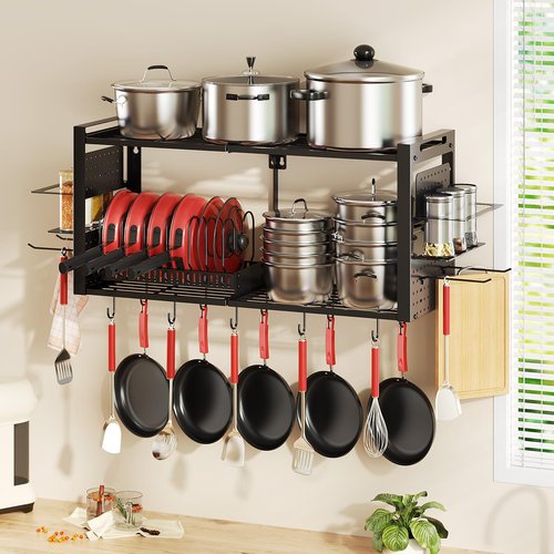 31 Inch Pot Rack Wall Mounted,3 in 1 Pots and Pans Organizer with 2 tier Kitchen Racks & Pot Lid Organizer Holder and 20 Hooks,Heavy Duty Hanging Pot Hanger for Kitchen Cookware, Utensils, Black