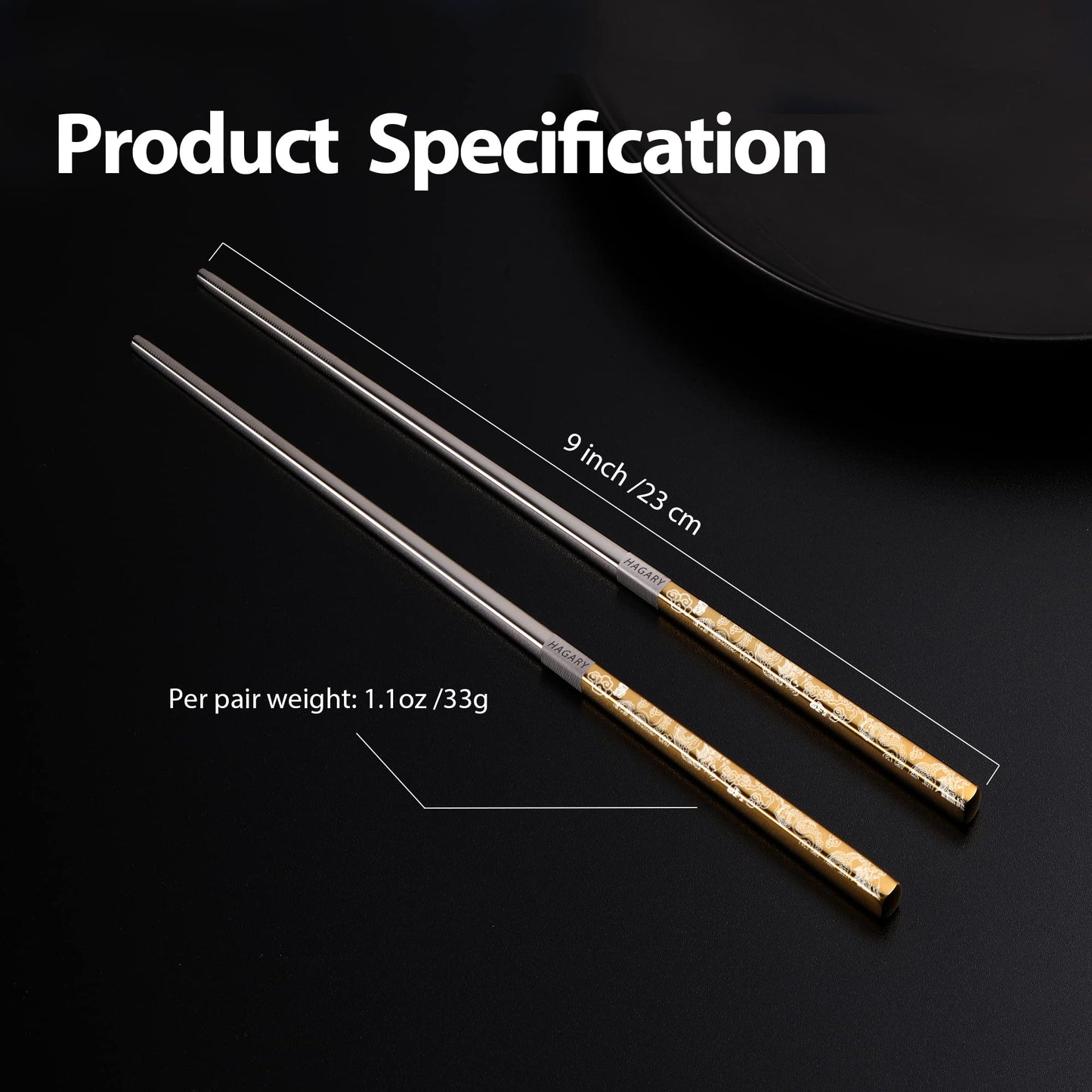 Hagary Dragon Chopsticks Metal Reusable Designed In Korea Japanese Style Stainless Steel 316 18/10 Non-Slip Dishwasher Safe Laser Etched (Gold - 5 Pairs)
