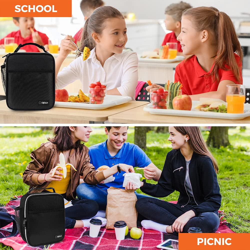 opux Premium Insulated Lunch Box, Soft School Lunch Bag for Kids Boys Girls, Leakproof Small Lunch Pail Men Women Work, Reusable Compact Cooler Tote Lunchbox for Office Adult, Black