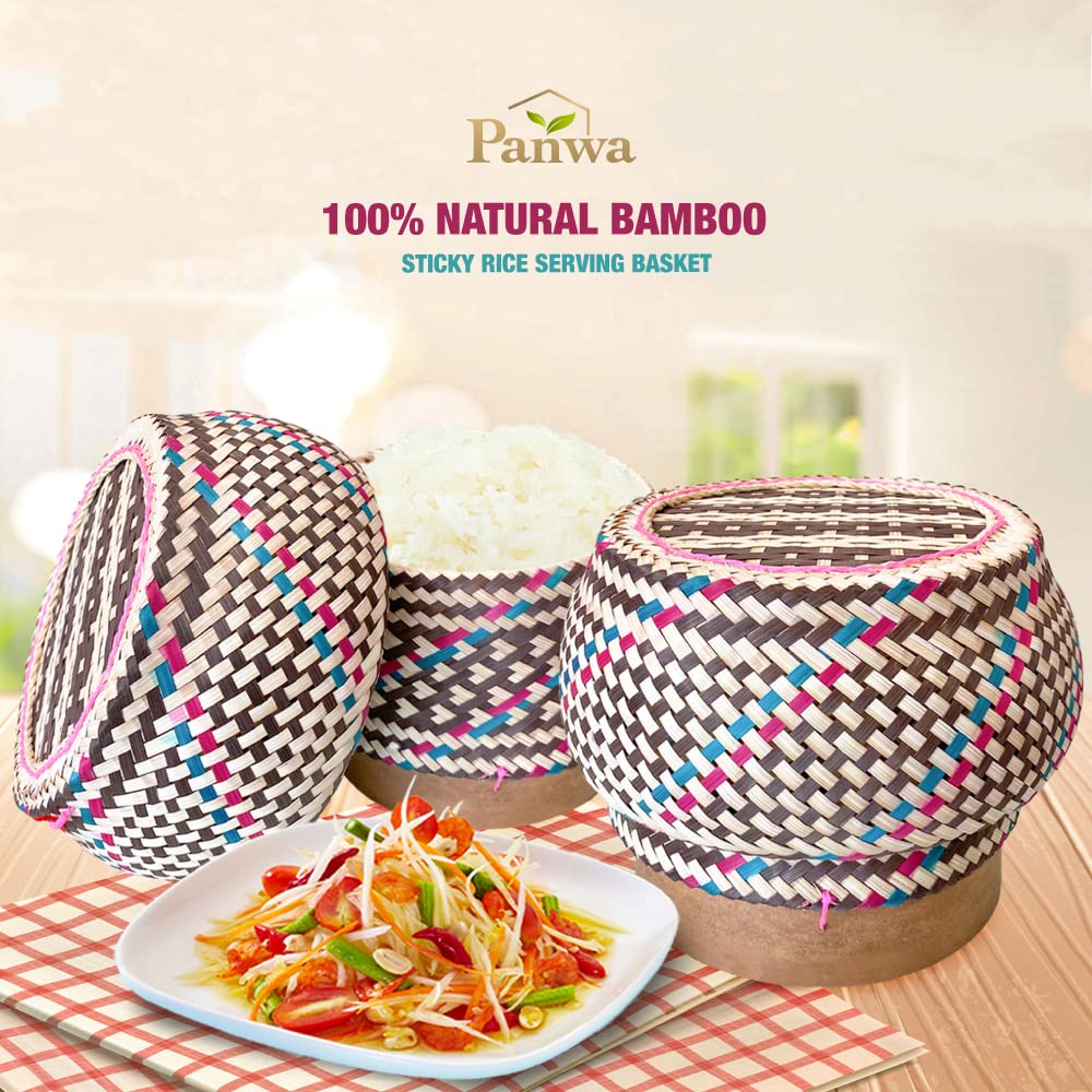 Bamboo Sticky Rice Serving Basket Thai Kratip Container 100% Handmade Traditional Village Handicrafts with Vegetable Plant Based Dye Coloring Shades Food Safe