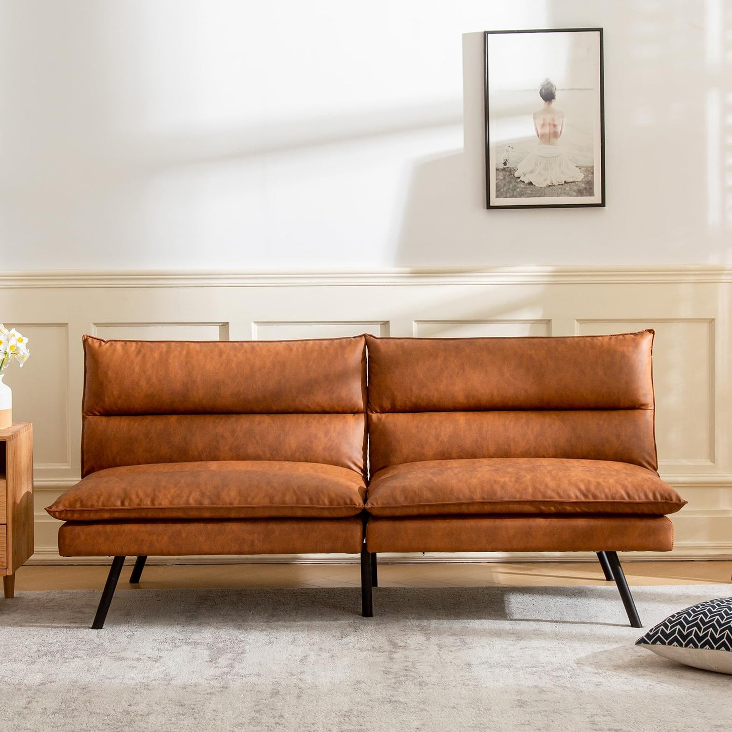 Vyfipt Futon Sofa Bed/Couch,3” Memory Foam Small Splitback Sofa,Faux Leather Modern Loveseat for Living Room,Apartment,Studio,Guest Room,Home Office,71" L (Brown)