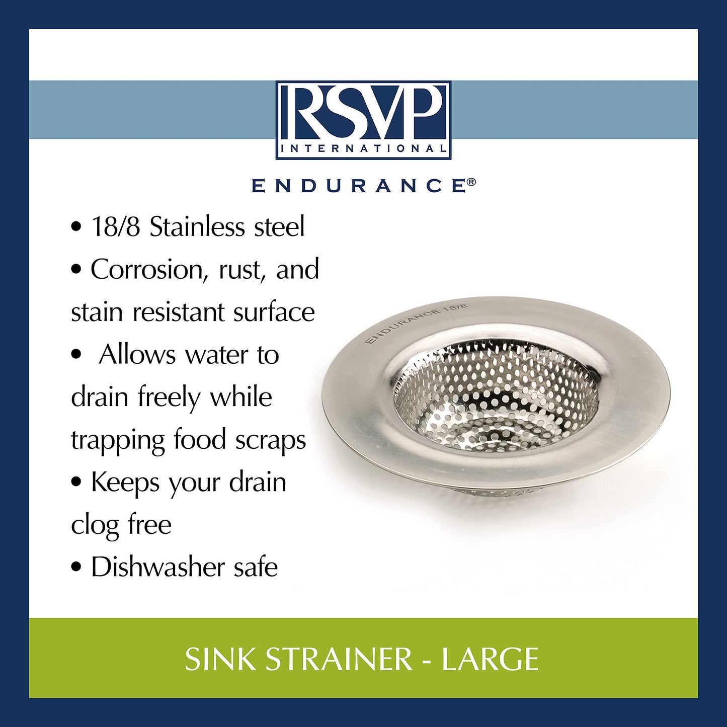 RSVP International Endurance® Stainless Steel Large Sink Strainer, 4.5" | Traps Food Scraps | Polished Finish with Precision Pierced Holes | Dishwasher Safe