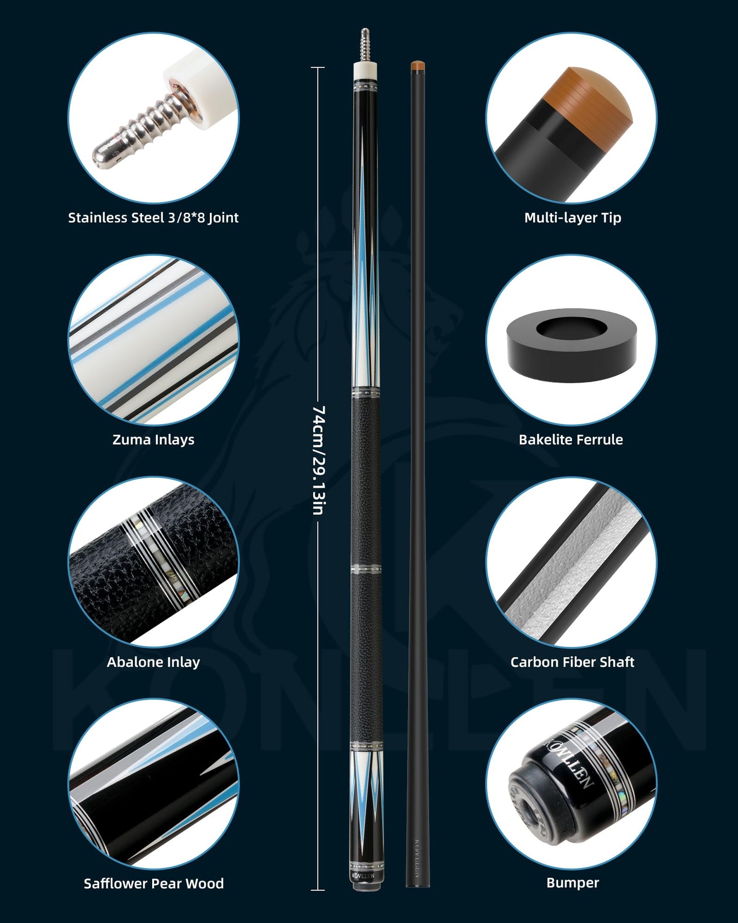 KONLLEN Handcrafted Inlay Carbon Fiber Pool Cue – Low Deflection Performance Billiard Cue