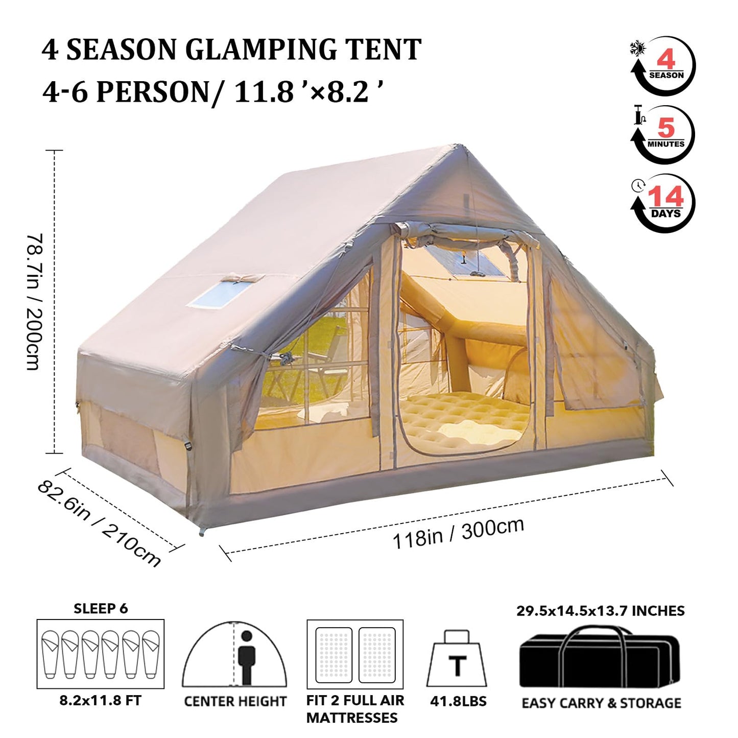 Inflatable Tent for Camping 4-6 People, Blow up Tents with rain-Proof Canopy, 4 Season Moisture-Proof pad, Glamping Inflatable Hot Tent with Stove Jack & Fire-Proof Mat Outdoor