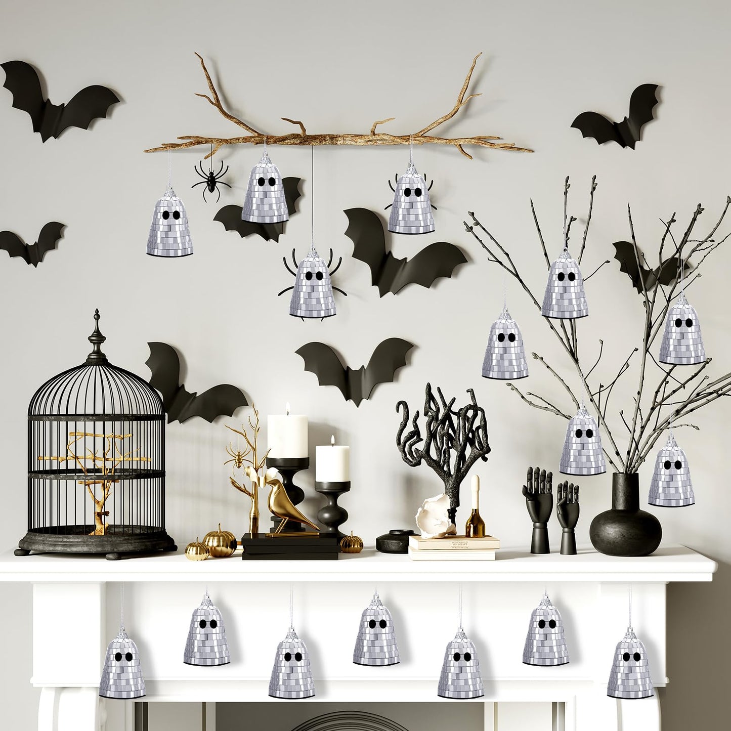 Simgoing 12 Pcs Halloween Disco Ghosts Decor Halloween Ornament Silver Mirror Disco Skeleton Tabletop Centerpiece for Holiday Cosplay Home Props Gift Party Decorations (Pink)