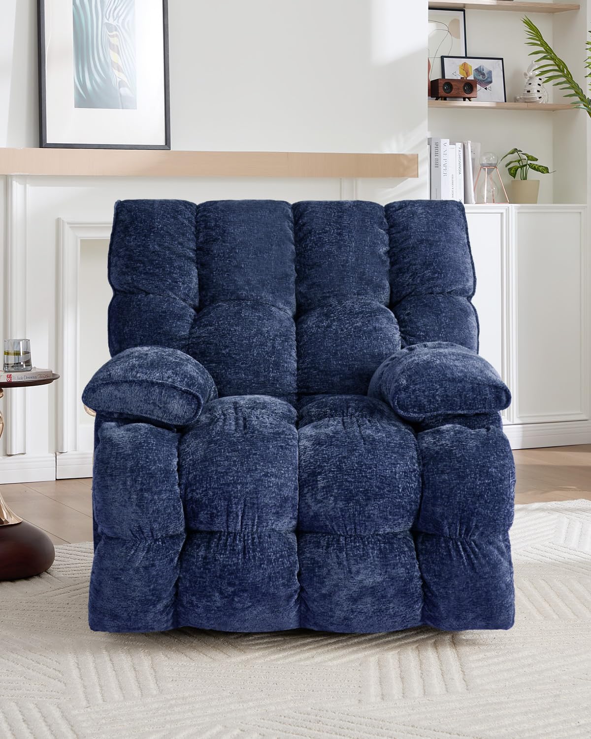 GARTMILAN Oversized Manual Recliner Chair with 360° Swivel, Big and Tall Rocker Glider for Nursery Living Room, Chenille Overstuffed Reclining Sofa with Handle, 375lbs (Blue, Manual)
