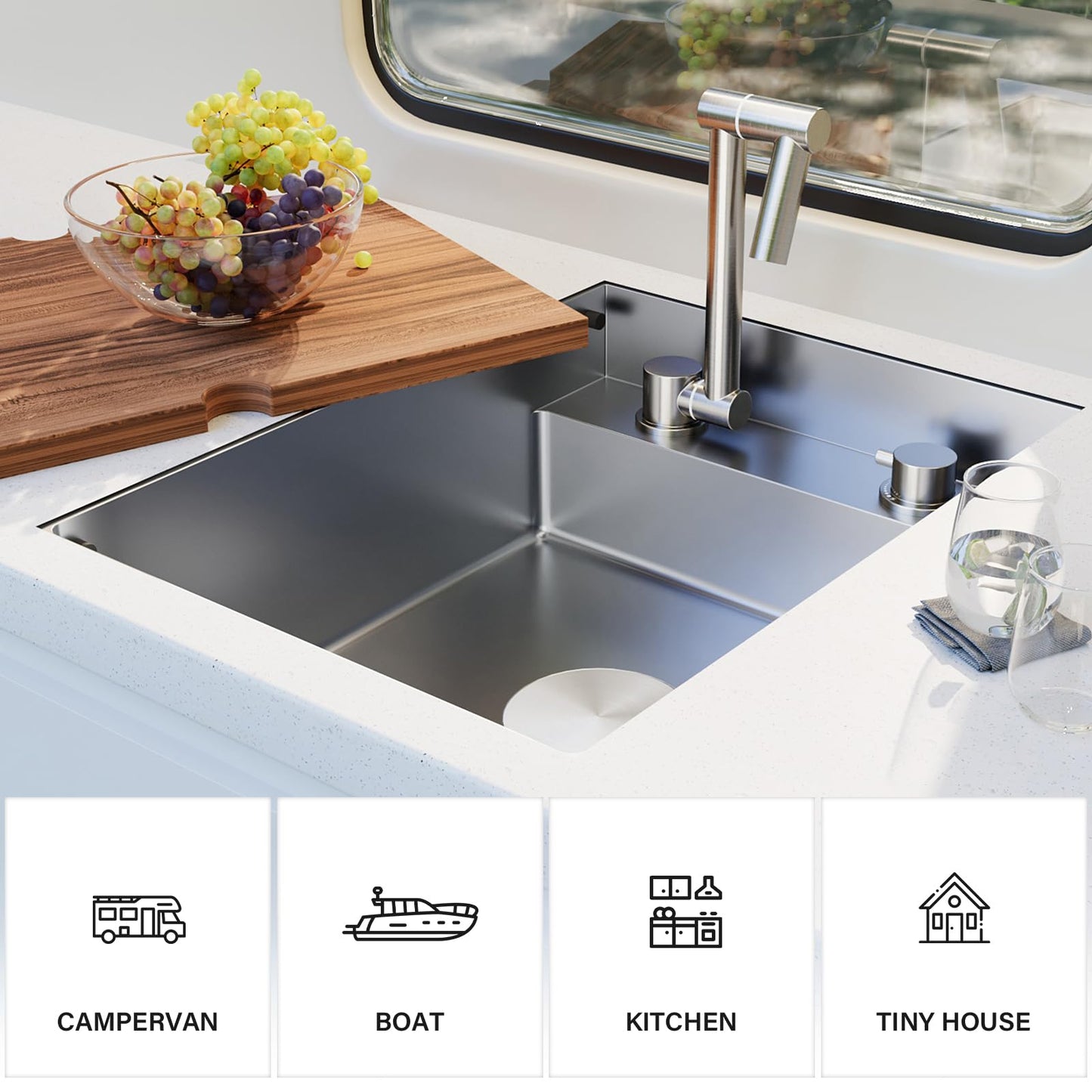 TORVA RV Kitchen Sink, 16 x 21 x 7 Inch Undermount Bar Sink 16 Gauge Stainless Steel Single Bowl Sink with Foldable Faucet Cutting Board, Grey