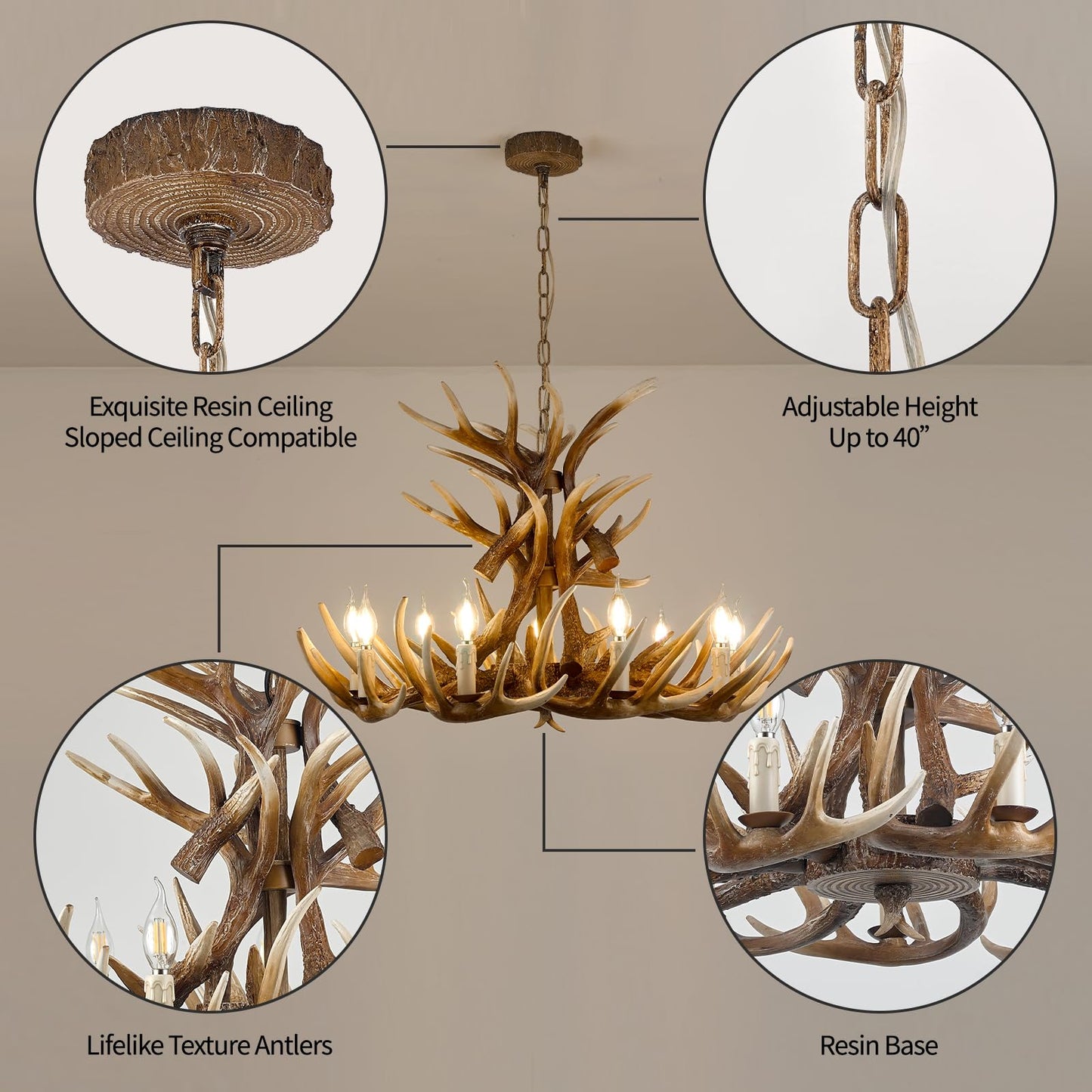 Fayelight Deer Antler Chandelier Lighting,Large Deer Rustic Farmhouse Chandelier Light Fixtures for Dining Room Living Room Kitchen Island Bedroom Entryway Foyer (9 Lamp Arms + 6 Arms)