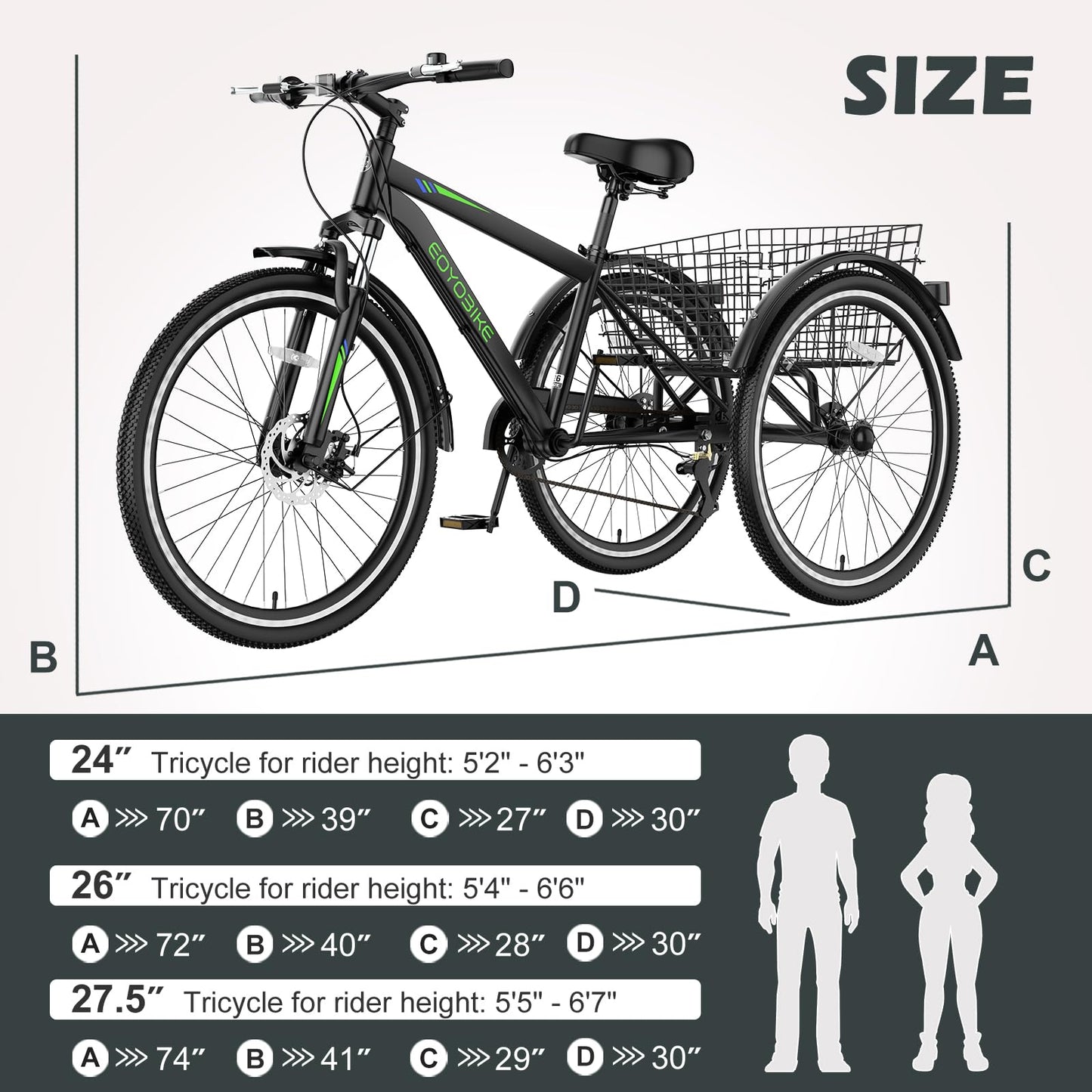 H&ZT Adult Tricycle, 3 Wheeled Bike, Trike Cruiser Bike, with 7-Speed Gear, Parking Brake Handle, Low Step, Large Rear Basket, Elderly Friendly, for Men, Women, and Teens