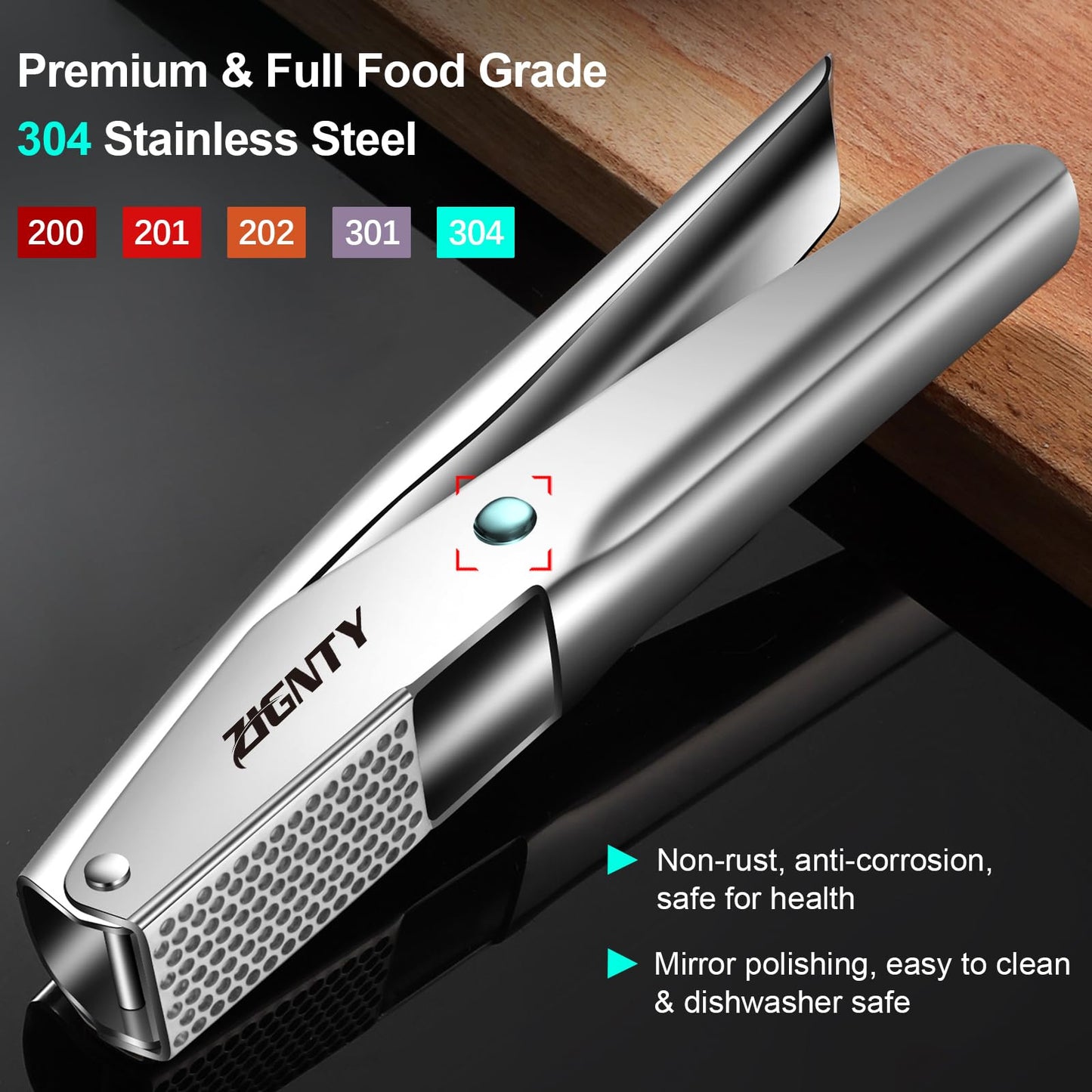 ZIGNTY Garlic Press Stainless Steel,Premium Garlic Mincer Tool,No Need to Peel Garlic Ginger Crusher & Masher Easy Squeeze Large Trough Ergonomic Handle,Rust Proof,Dishwasher Safe (5 Years Warranty)