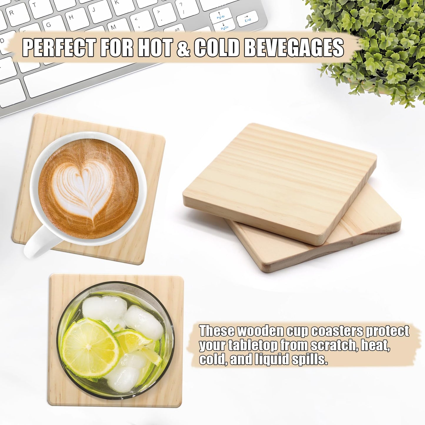 24 PCS Unfinished Square Wood Coasters, SIJDIEE 4 Inch Blank Wooden Coasters for Craft with Non-Slip Foam Pad Stickers for DIY Stained Painting Wood Laser Engraving Home Decoration Supplies
