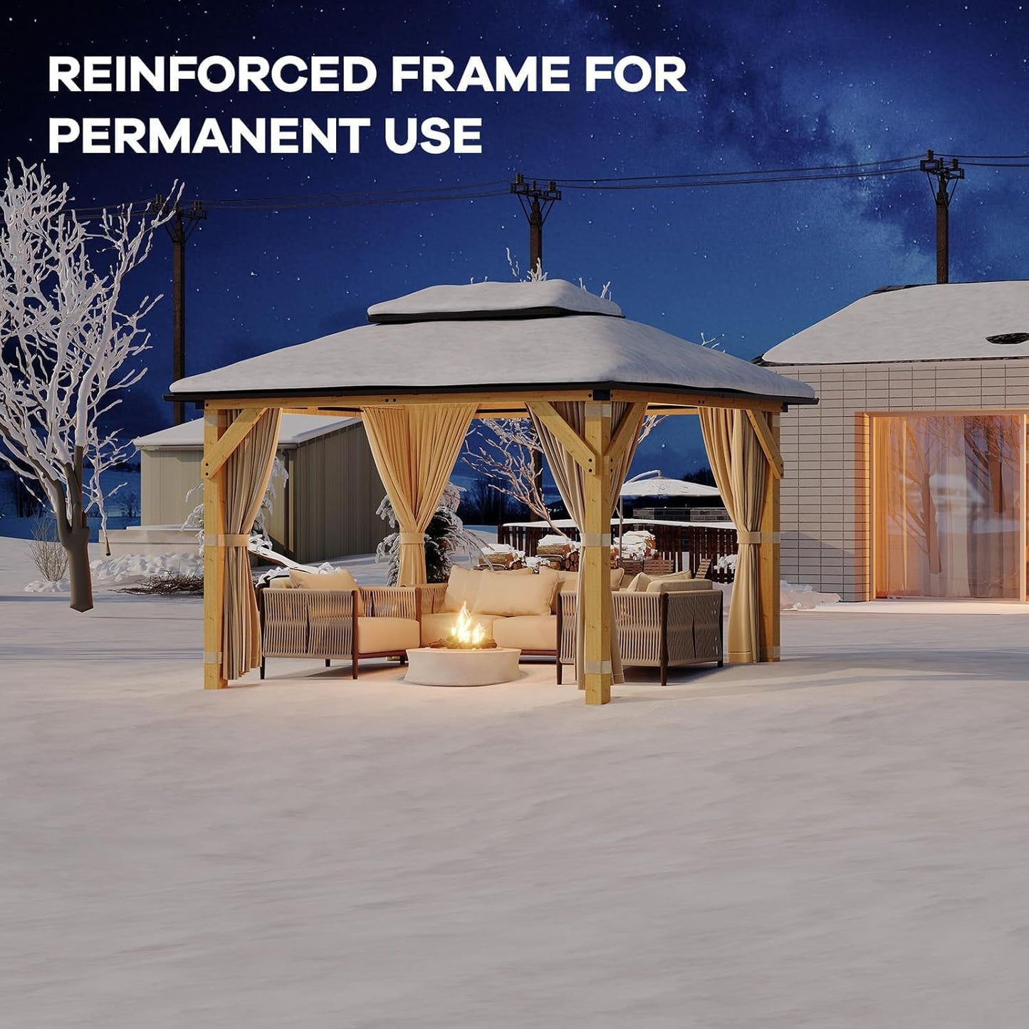 12' × 10' Hardtop Wood Gazebo with Double Galvanized Steel Roofm, Upgrade Wooden Frame with Nettings & Curtains for Backyard, Patio, Garden, All-Weather Khaki Outdoor Pavilion (4 Packages Shipped)