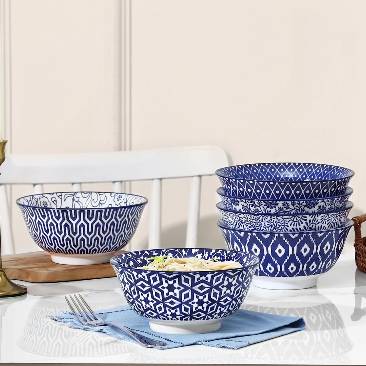 Selamica 7 inches Porcelain Cereal Bowl Set - Set of 6, Soup Bowls, Ceramic bowls for Cereal, Soup, Salad and Pasta, Vintage Blue