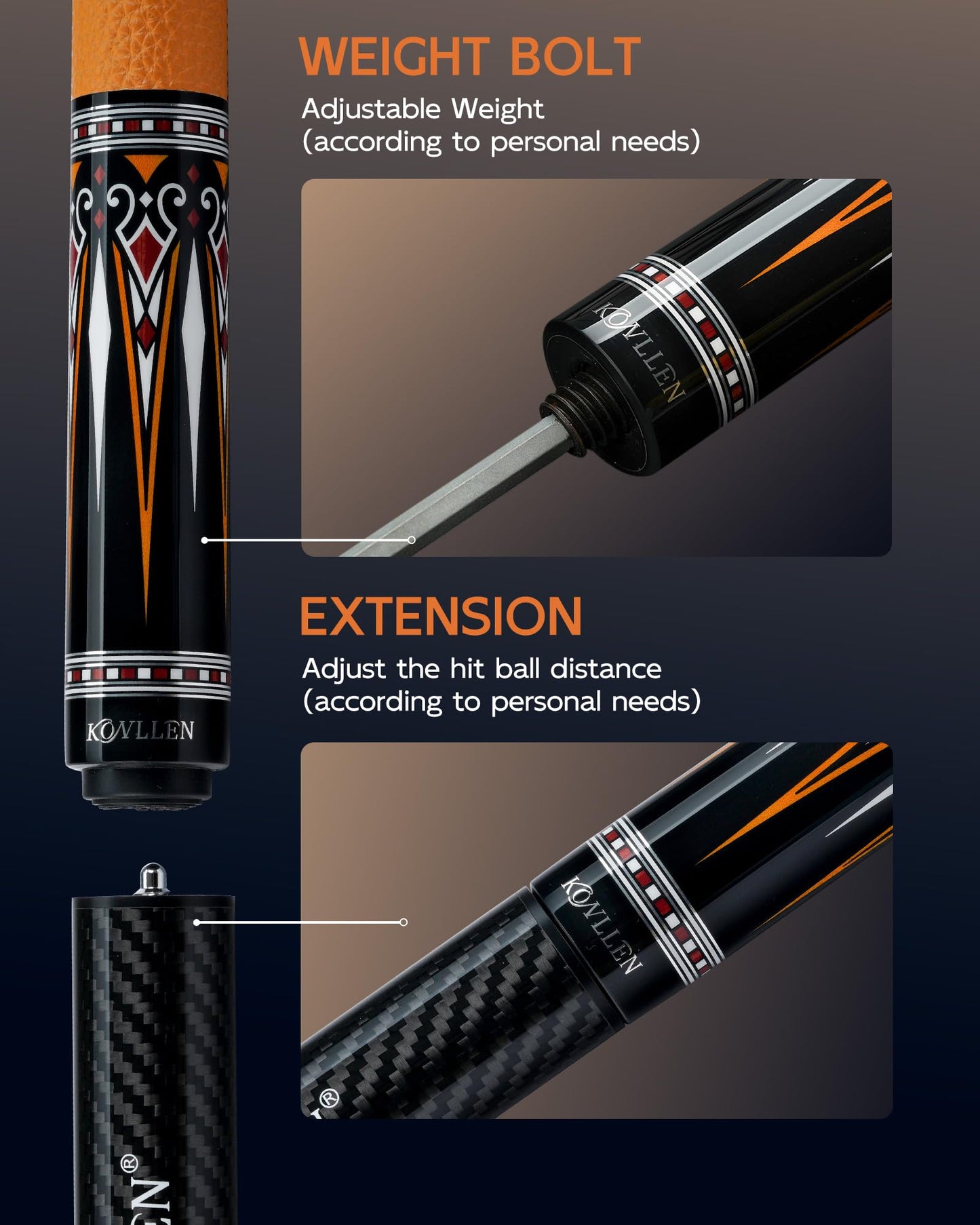 KONLLEN 2.0 Pool Cue Complete Set | Carbon Fiber Pool Cue with Professional Taper | Low Deflection Shaft for Adults & League Players