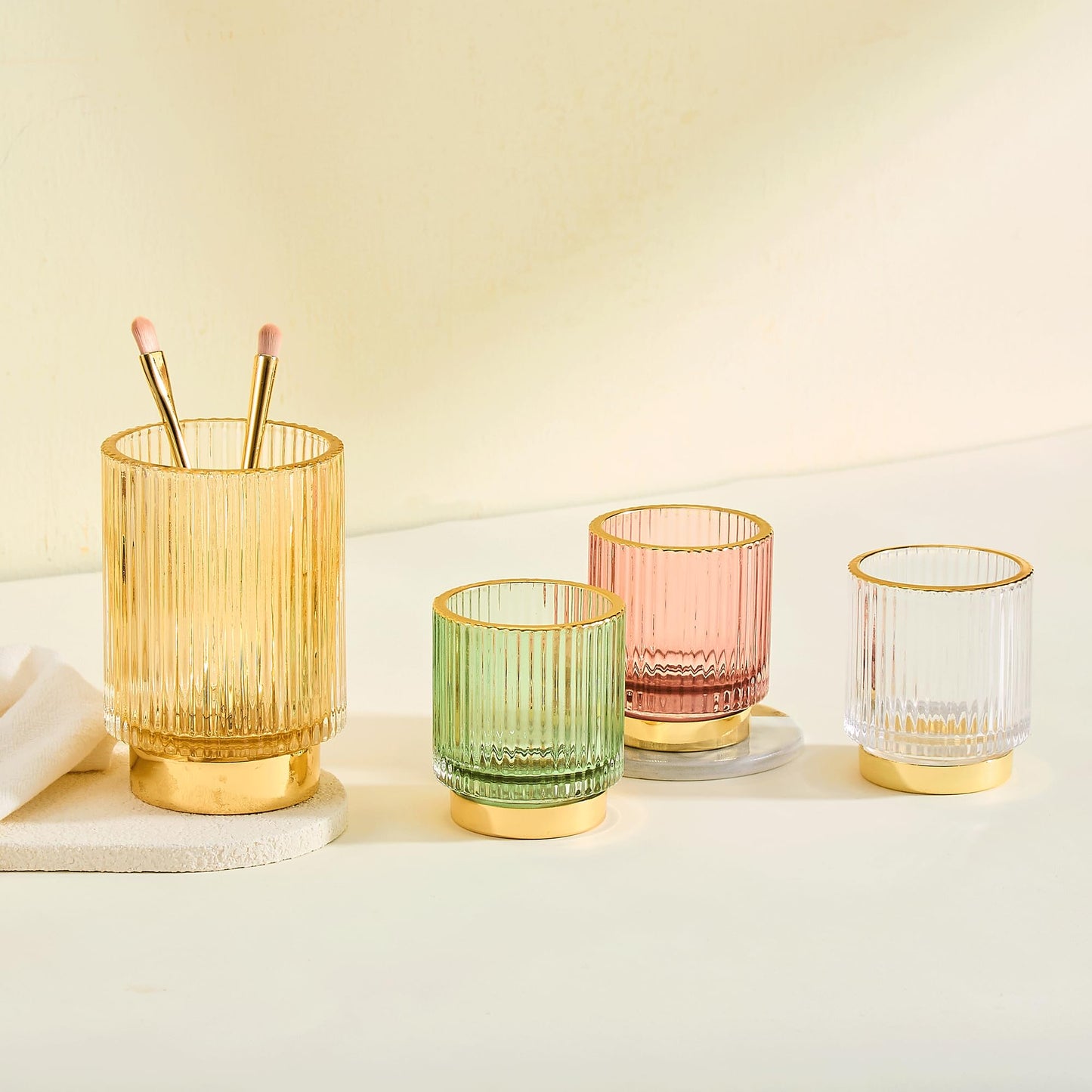 LEICURACE Makeup Brush Holder Organizer,Toothbrush Holders,Desk Pen Pencil Holder,Multifunctional Vintage Glass Brush Cup(L/Gold/A3-7-US)