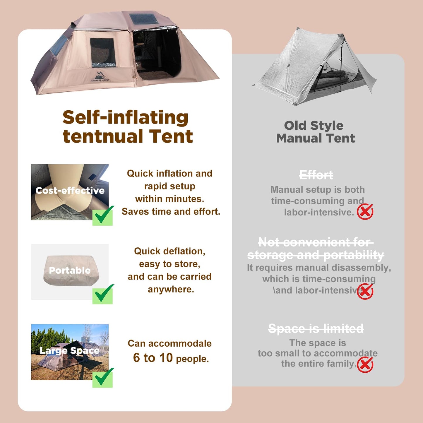 Romantic Camp Inflatable Camping Tent with Pump,8-10 Person Waterproof Blow Up Air Tent for Camping Hiking,Easy to Set Up 4-Season Inflatable House Tent with Oversized Canopy