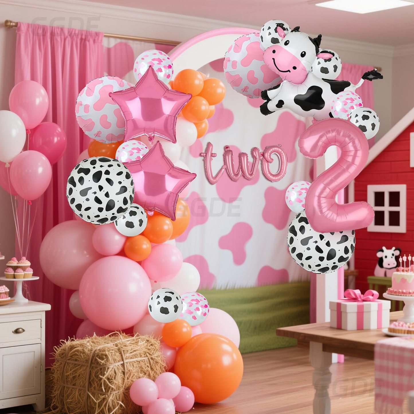 Cow Balloon Cow Shape Mylar Balloon 2nd Birthday Party Decoration Pink 40 Inch Large Number 2 TWO Letter Banner Balloons Cowgirl Farm Animal Theme Birthday Party Decor 24 Pcs