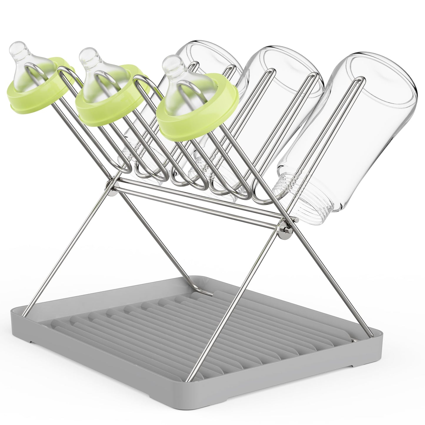 Solvrix Bottle Drying Rack, Stainless Steel Foldable Water Bottle Drying Rack Organizer with Drain Tray for Baby Bottles, Cups, Mugs and Glass, Baby Bottles Dryer Countertop, Stainless Steel