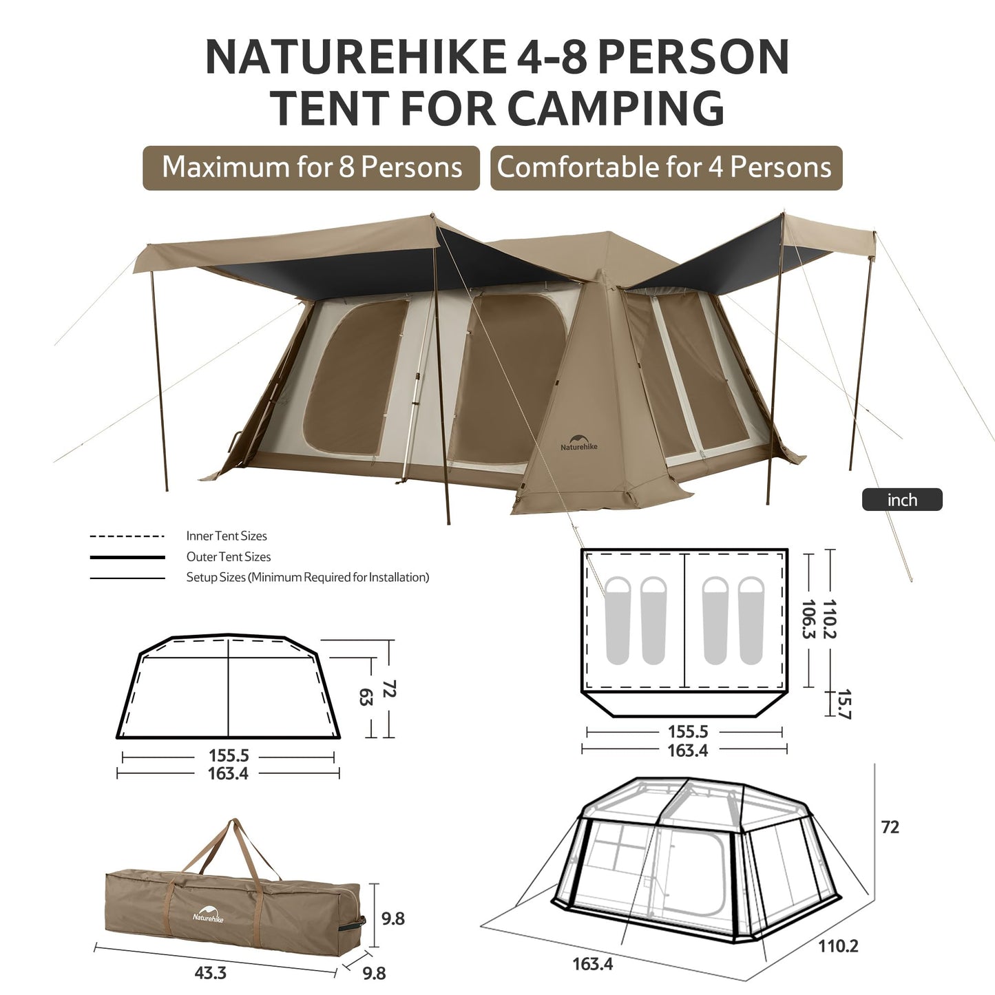 Naturehike Village Instant Tent, 4 Person 8 Person Cabin Tent with Full Rainfly, Waterproof Large Tent for Car Camping