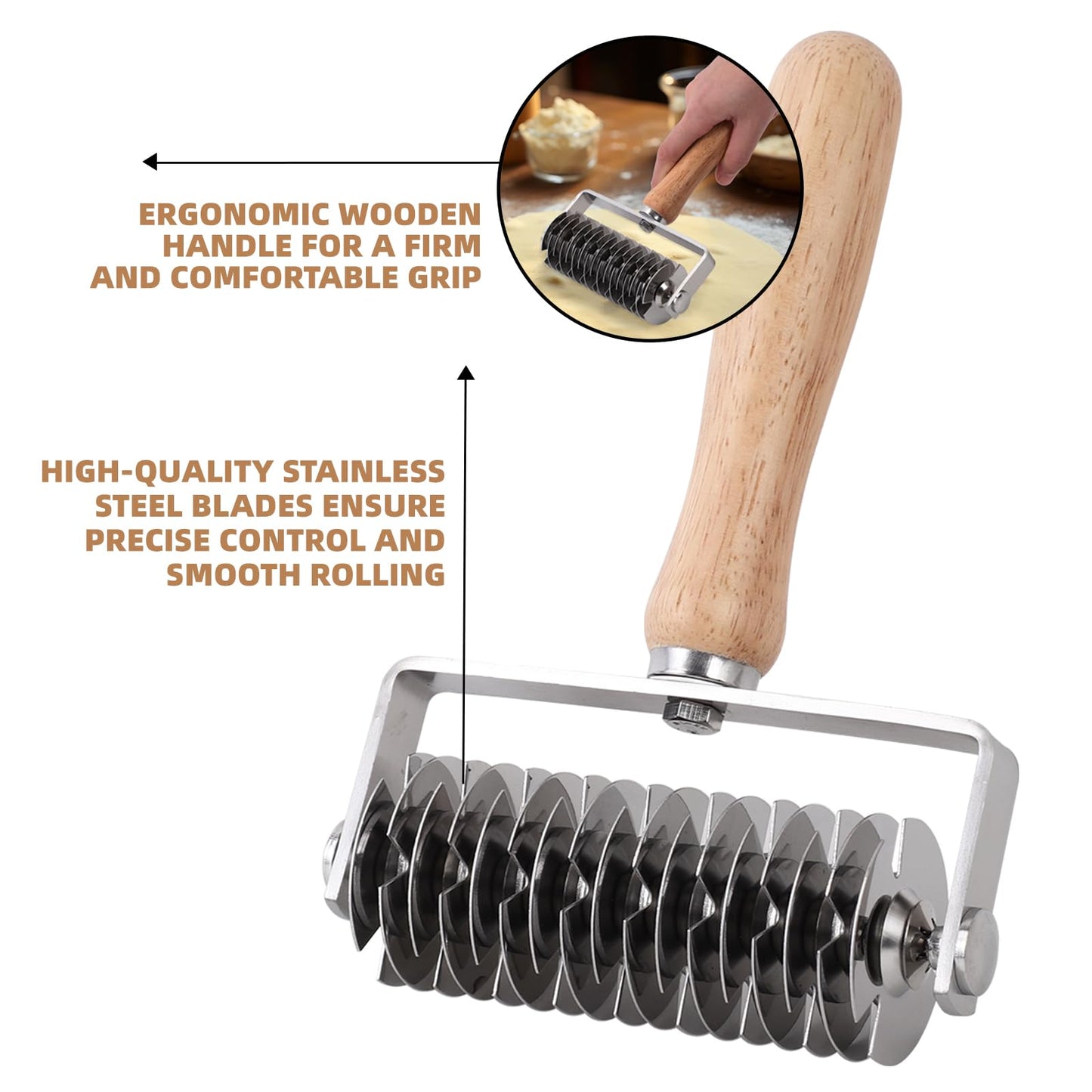 JuyVerq Pastry Lattice Roller Cutter, Stainless Steel Lattice Dough Cutter Wood Handle, Professional Pastry Crust Cutter, Household Time-Saver Cutting Tool Pie Bread Beef Wellington Pizza
