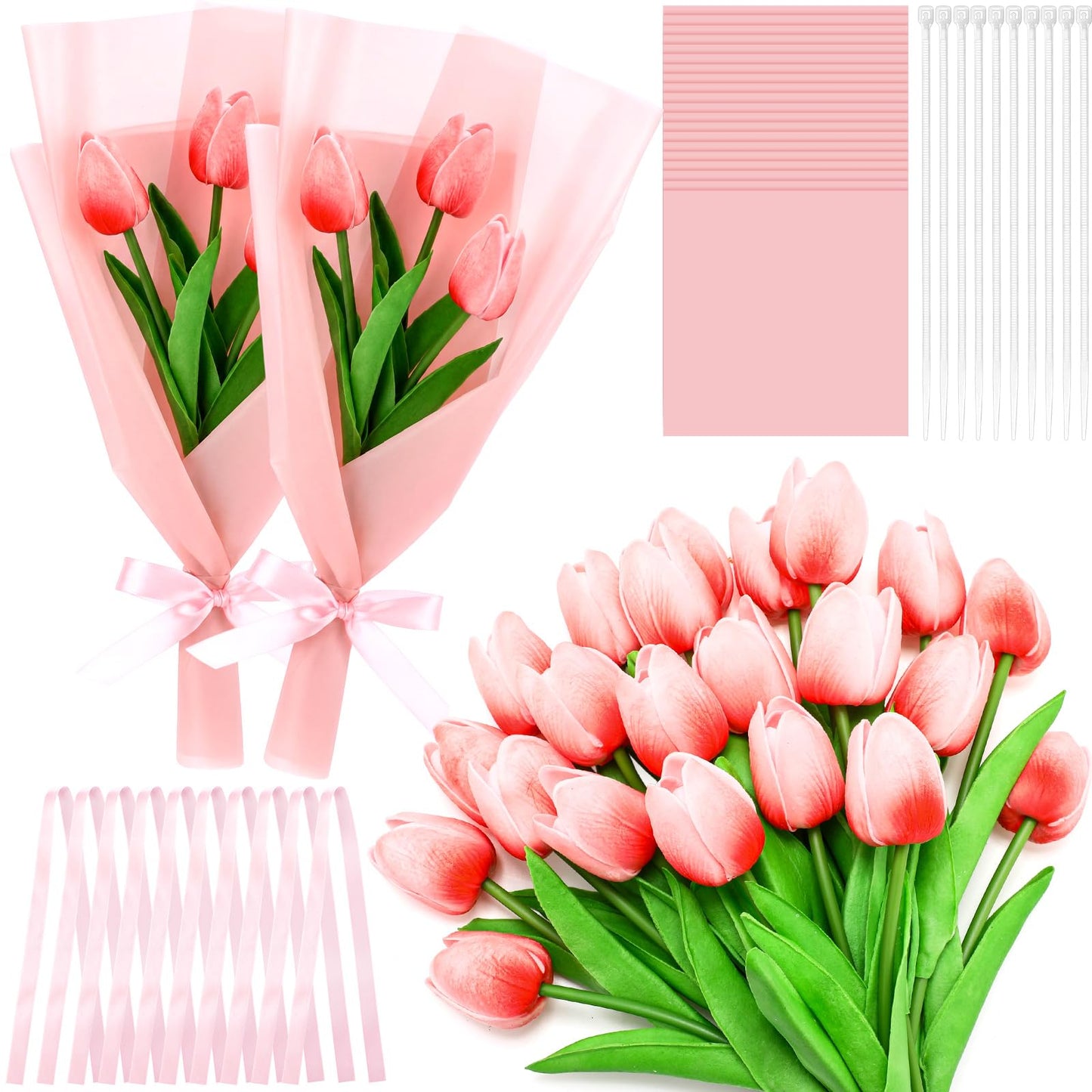 Zeyune Graduation Gifts Mini Faux Tulip Bouquet Kit, 10 DIY Artificial Tulip Flower Bouquets with Wrapping Paper and Ribbons, Class of 2026 Party Favors Gifts for Students Teachers Guests(Pink)