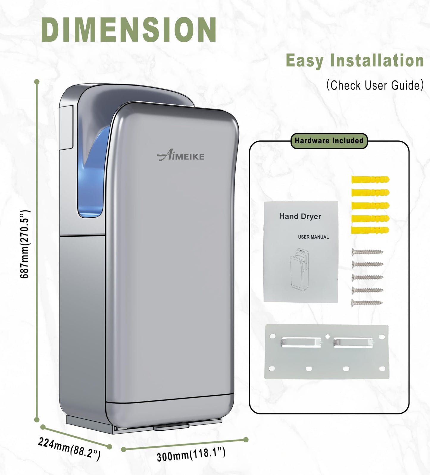 AIMEIKE Commercial Hand Dryer, Vertical High-Speed Electric Hand Dryer for Bathrooms, Automatic Touchless Hands-in Hand Dryer for Large Public Restrooms, Offices, Hotels, Schools, Silver