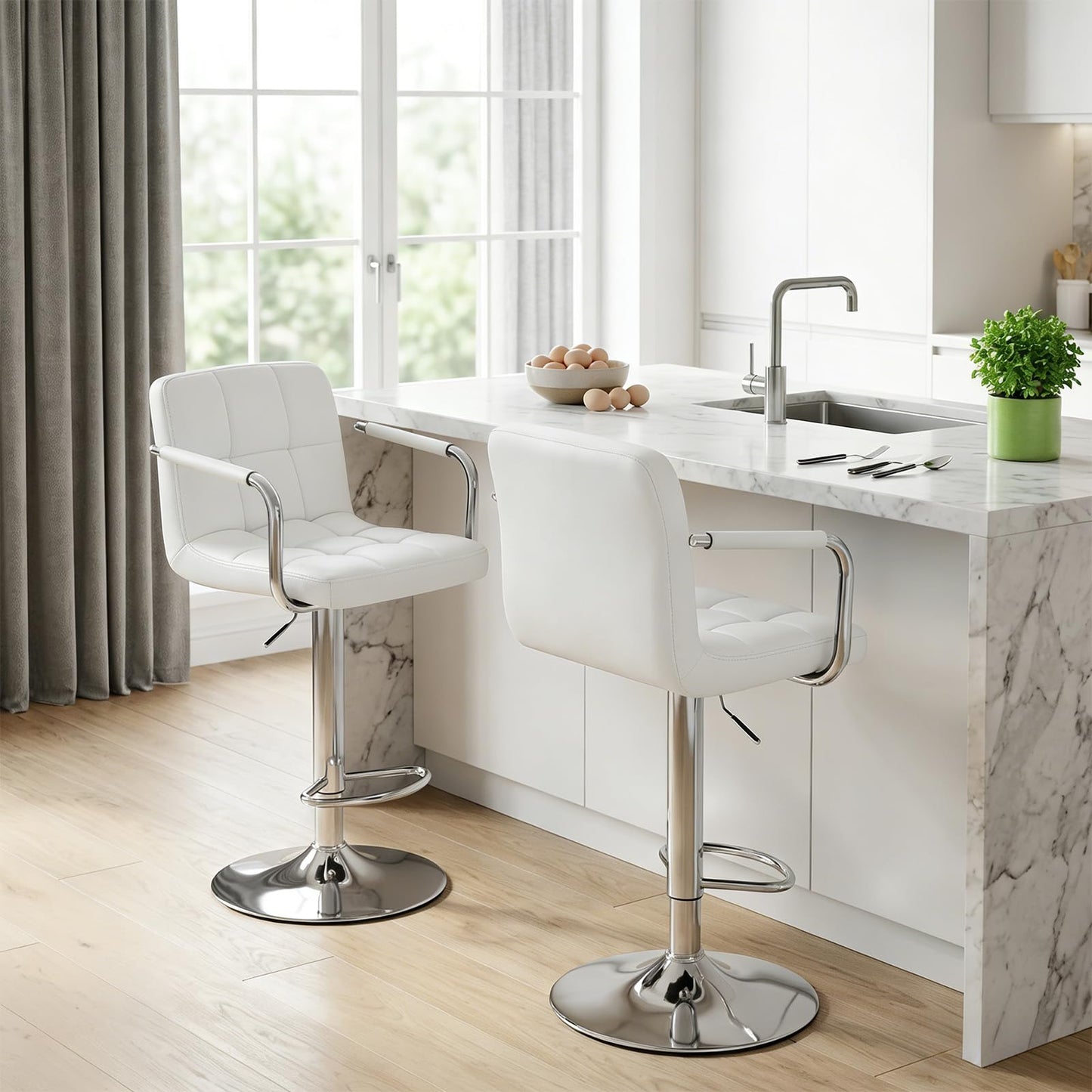 DUMOS Bar Stools Set of 4, Adjustable Swivel Bar Chairs with Padded Armrests and Ergonomic Backrest for Kitchen Island Counter Pub Dining Room, Water-Resistant PU Leather, White