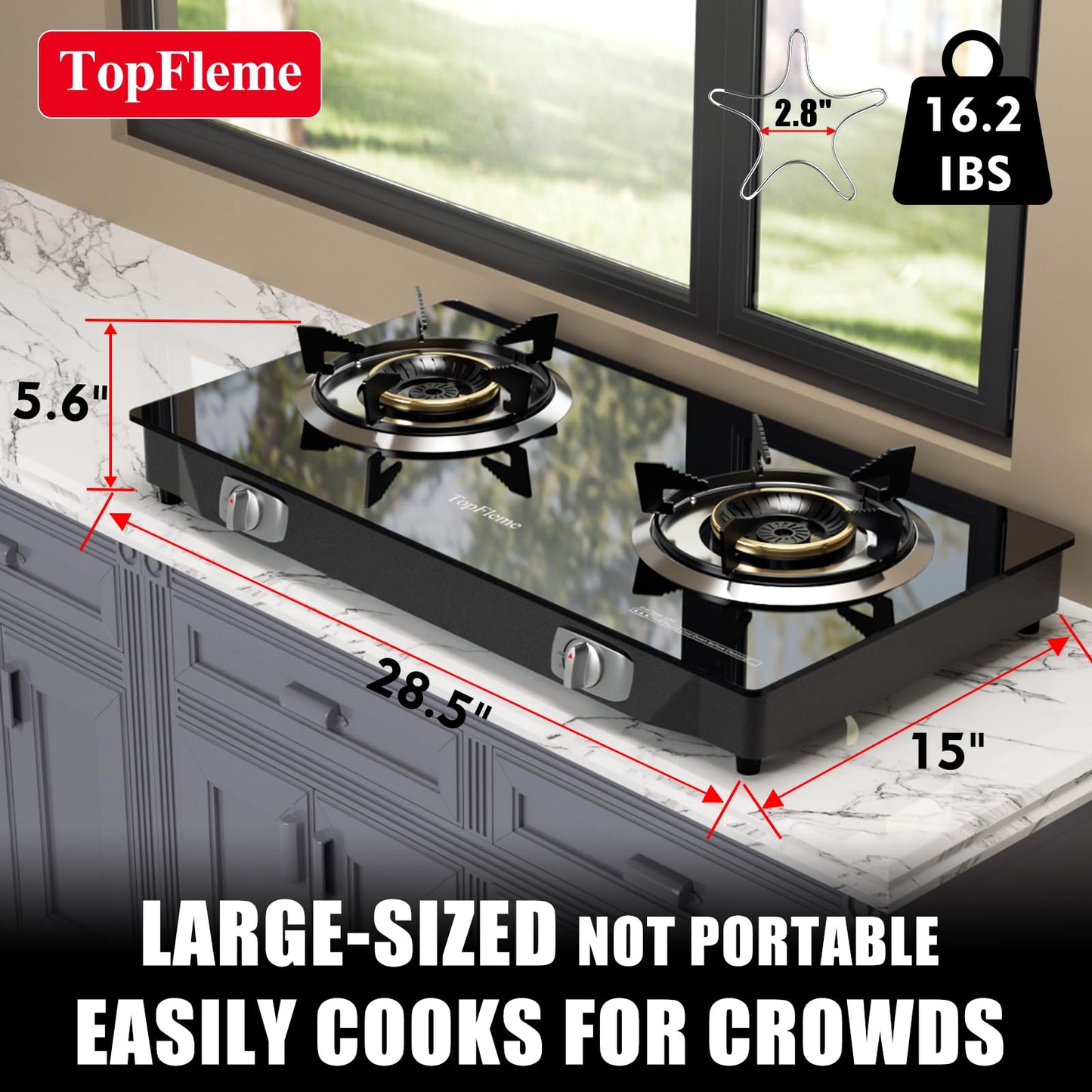 TopFleme 2 Burner Propane Stove 27,200 BTU High-Efficiency Tempered Glass Auto-Ignition Gas Burner Stove Top with CSA Hose for Outdoor RV Camping Emergency Cooking